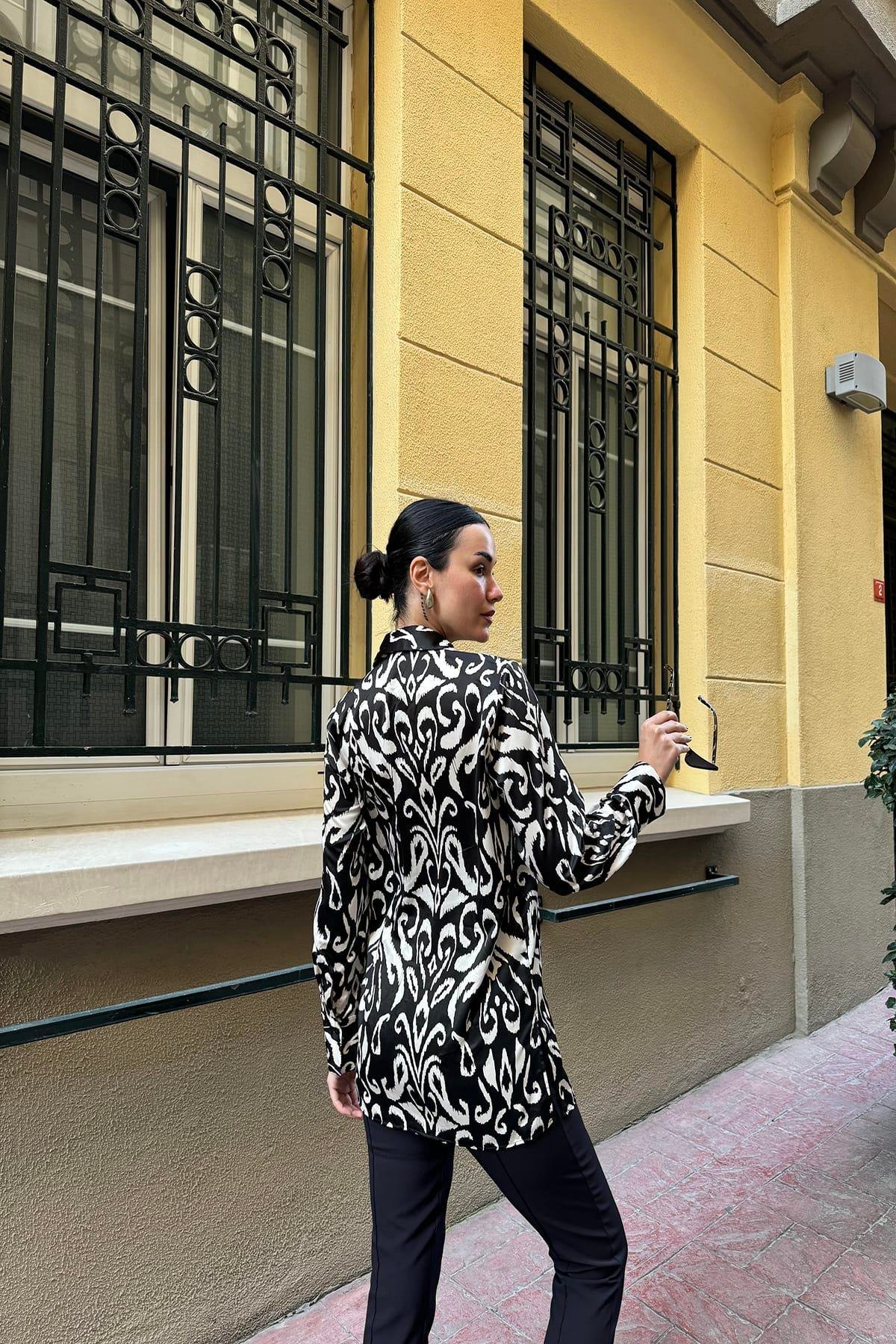 Now Moda Desenli Saten Siyah Gömlek Now Moda Desenli Saten Siyah Gömlek