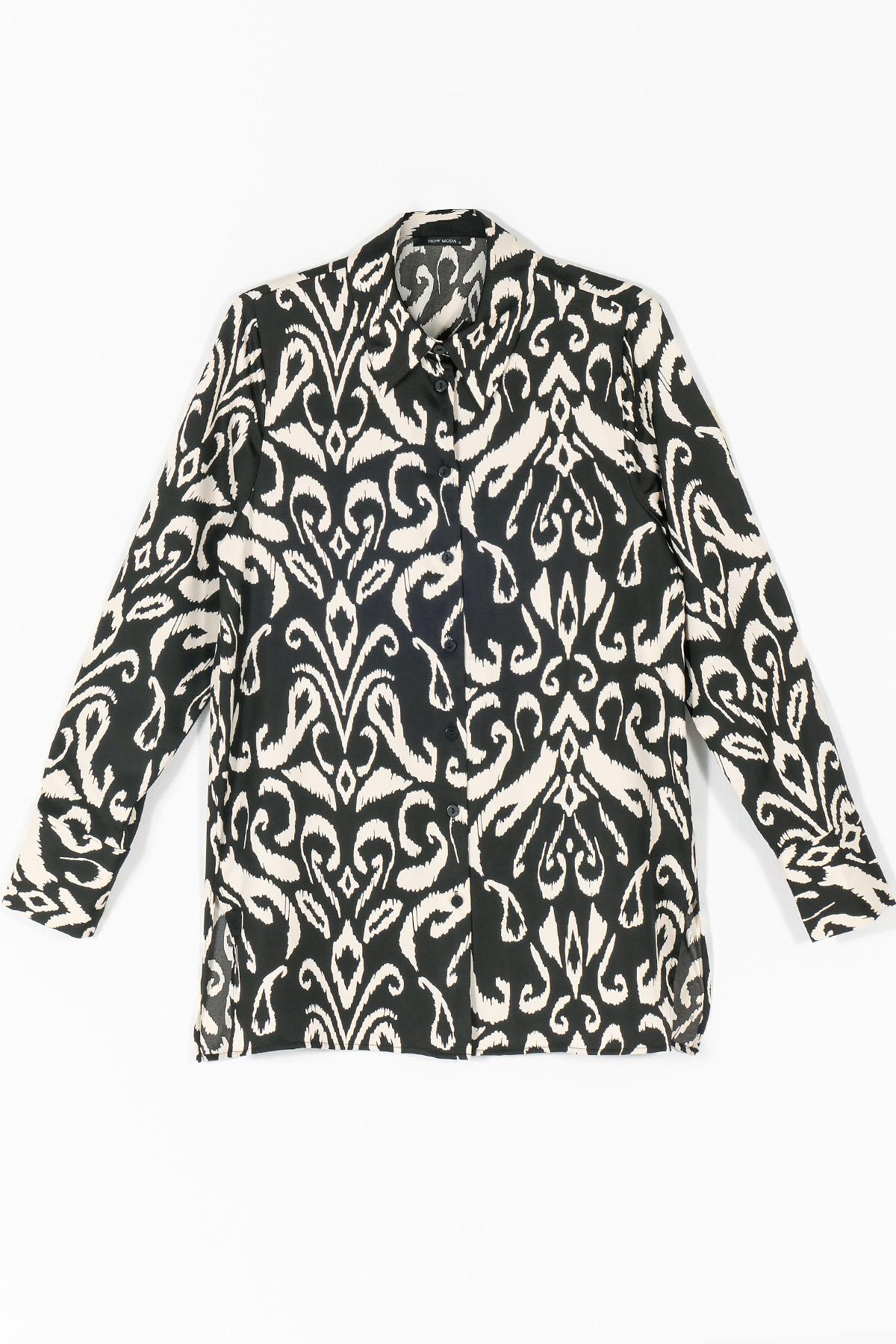 Now Moda Desenli Saten Siyah Gömlek Now Moda Desenli Saten Siyah Gömlek