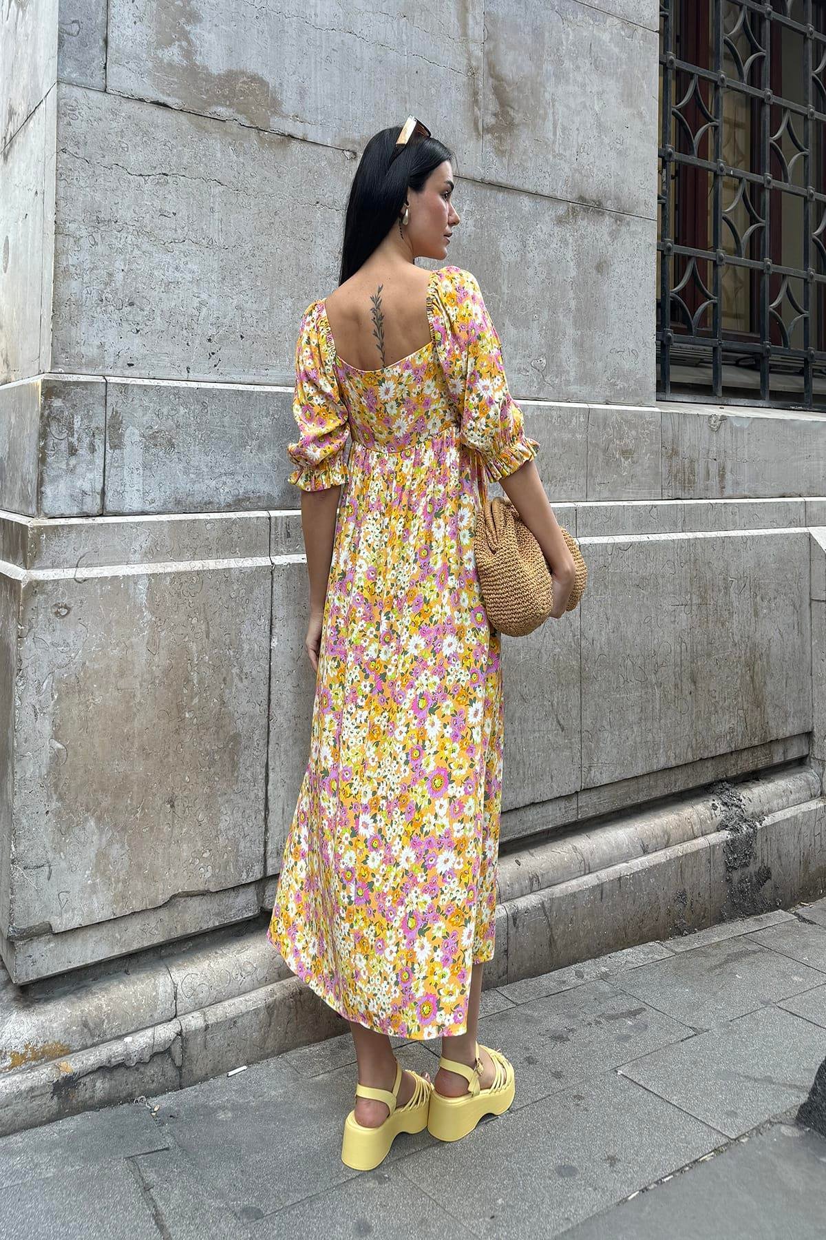 Now Moda Doğal Viskon Bel Büzgülü Desenli Yırtmaçlı Uzun Sarı Elbise Now Moda Doğal Viskon Bel Büzgülü Desenli Yırtmaçlı Uzun Sarı Elbise