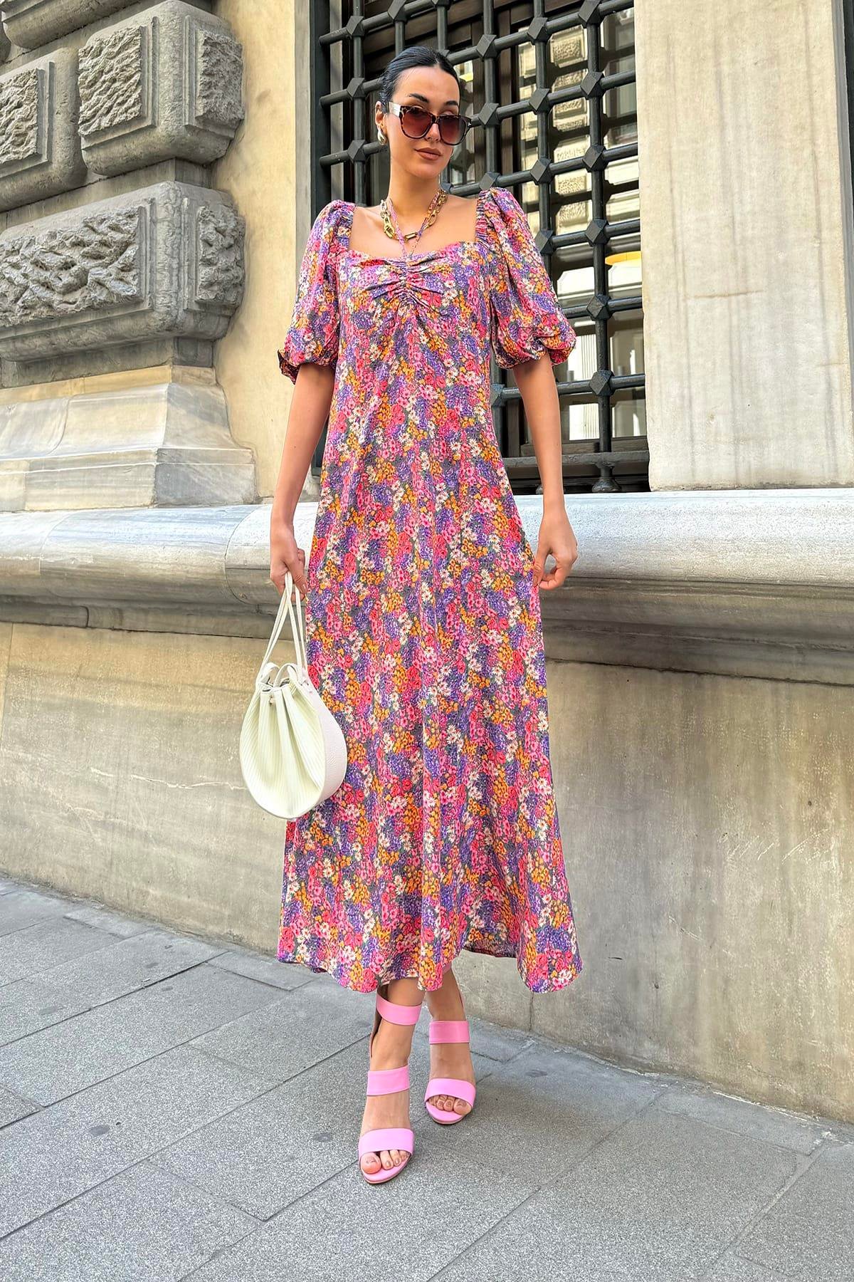 Now Moda Doğal Viskon Boyun Baglamalı Desenli Uzun Lila Elbise Now Moda Doğal Viskon Boyun Baglamalı Desenli Uzun Lila Elbise