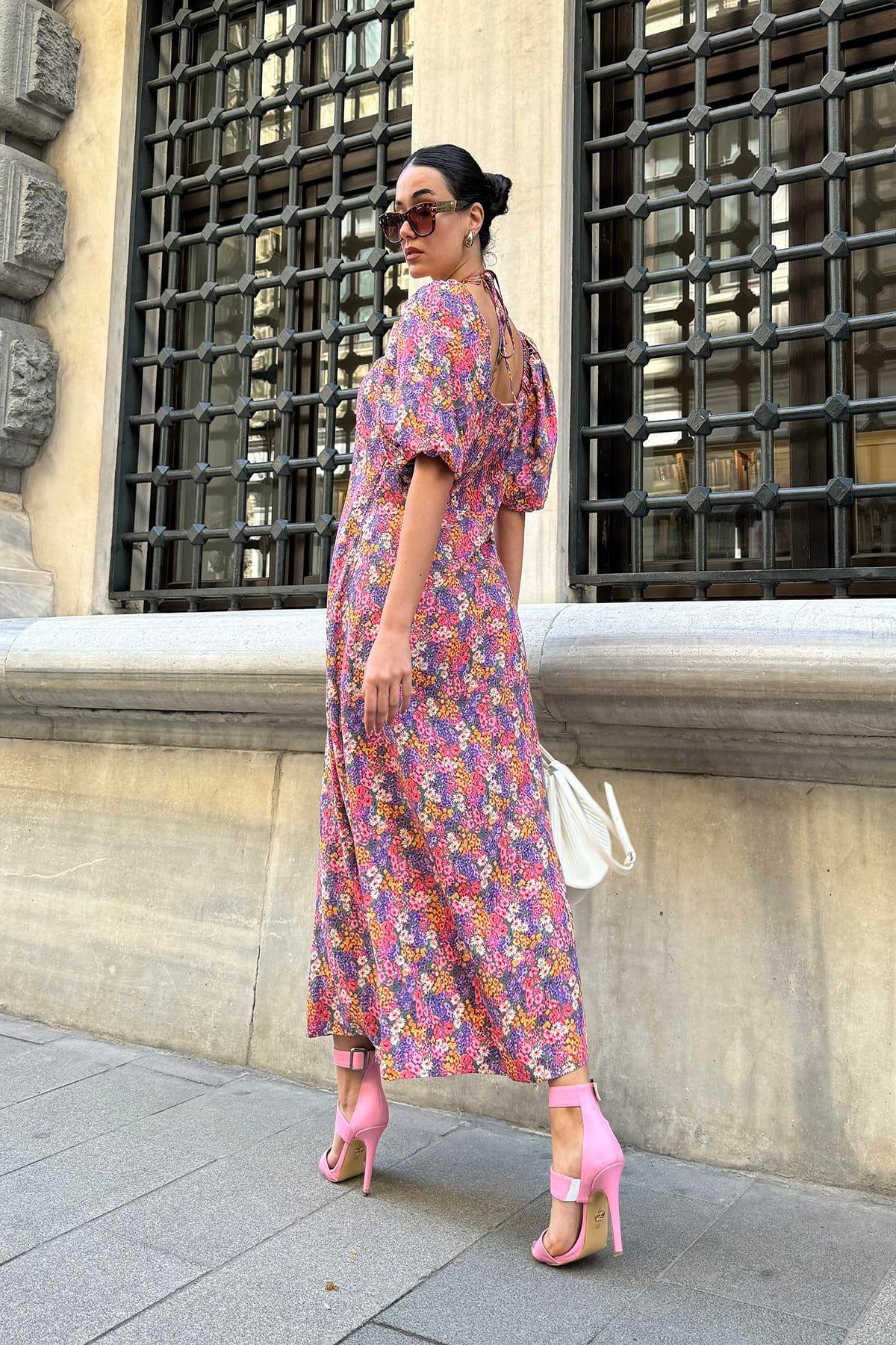 Now Moda Doğal Viskon Boyun Baglamalı Desenli Uzun Lila Elbise Now Moda Doğal Viskon Boyun Baglamalı Desenli Uzun Lila Elbise