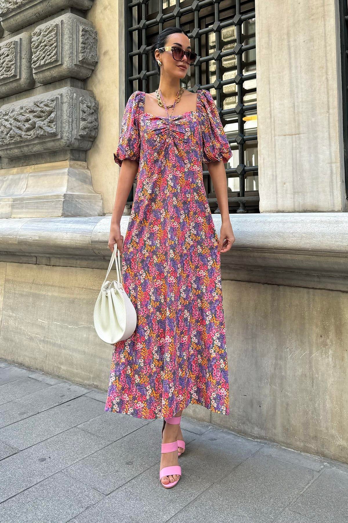 Now Moda Doğal Viskon Boyun Baglamalı Desenli Uzun Lila Elbise Now Moda Doğal Viskon Boyun Baglamalı Desenli Uzun Lila Elbise