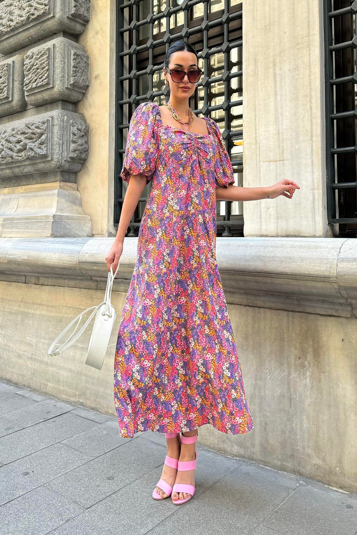 Now Moda Doğal Viskon Boyun Baglamalı Desenli Uzun Lila Elbise Now Moda Doğal Viskon Boyun Baglamalı Desenli Uzun Lila Elbise