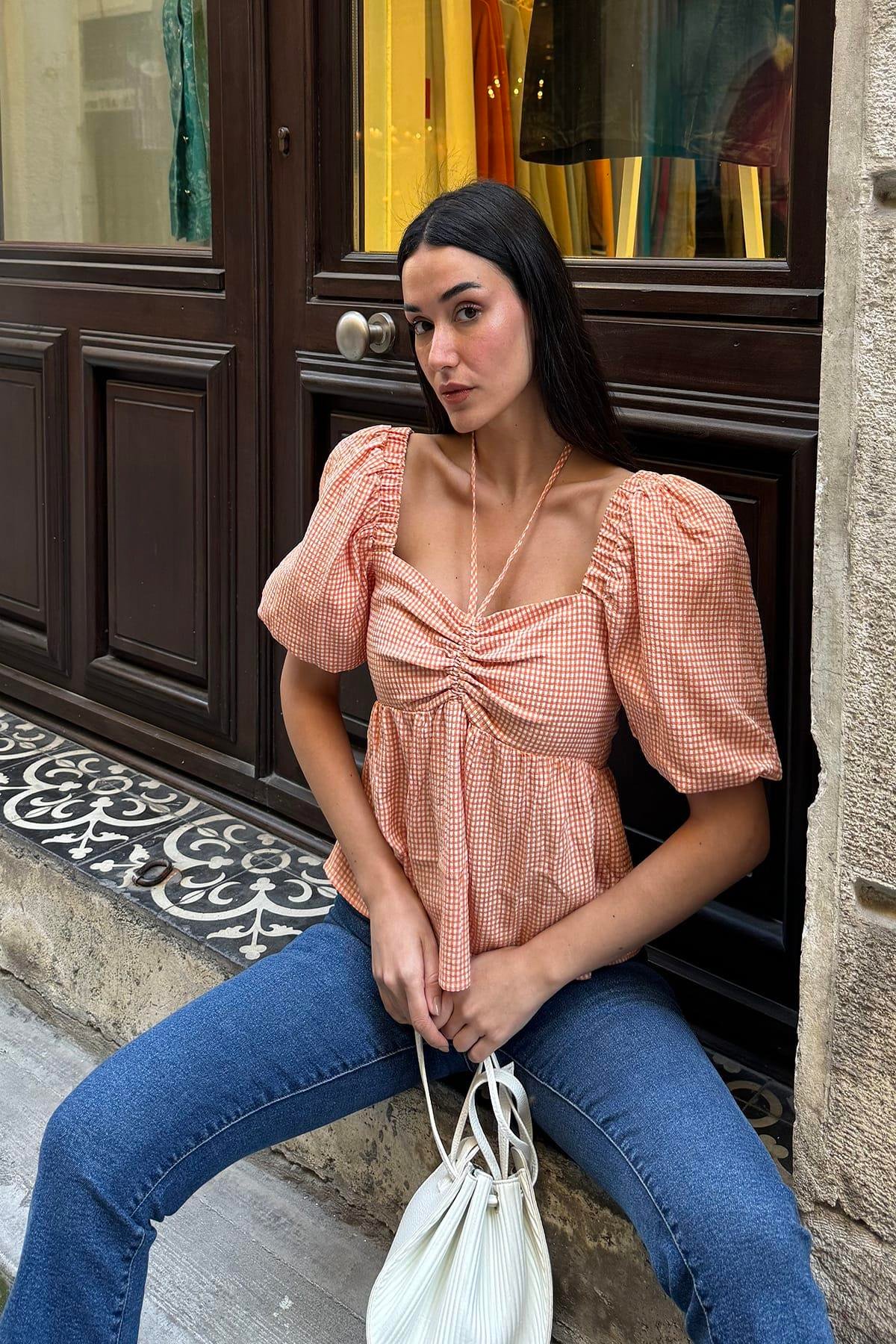 Now Moda Doğal Viskon Boyun Baglamalı Turuncu Bluz Now Moda Doğal Viskon Boyun Baglamalı Turuncu Bluz