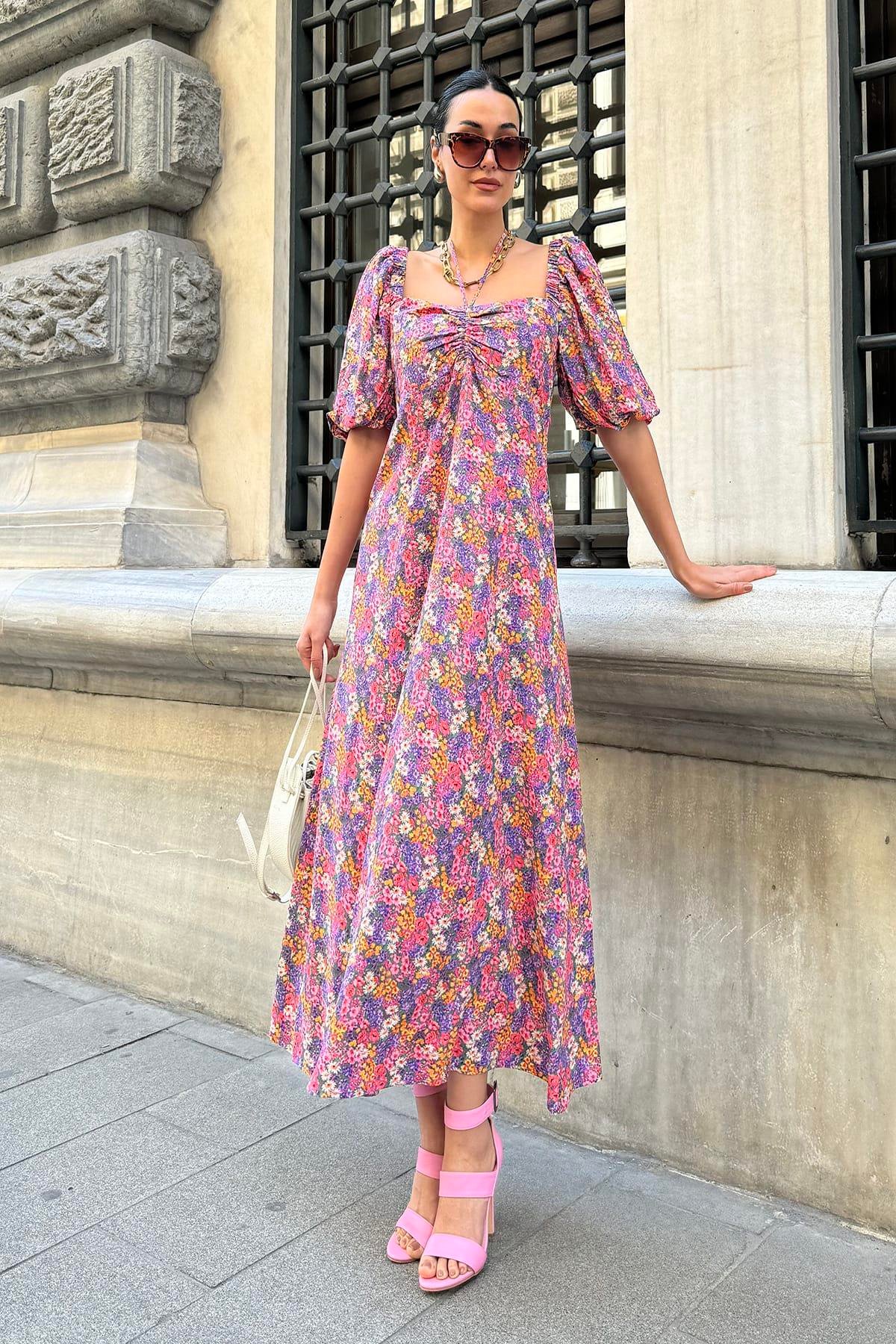 Now Moda Doğal Viskon Boyun Baglamalı Desenli Uzun Lila Elbise Now Moda Doğal Viskon Boyun Baglamalı Desenli Uzun Lila Elbise