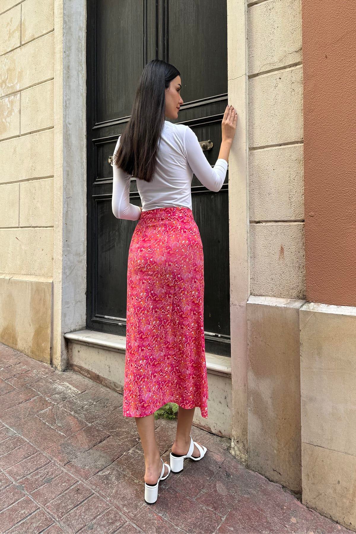 Now Moda Doğal Viskon Çift Yırtmaç Desenli Fuşya Etek Now Moda Doğal Viskon Çift Yırtmaç Desenli Fuşya Etek