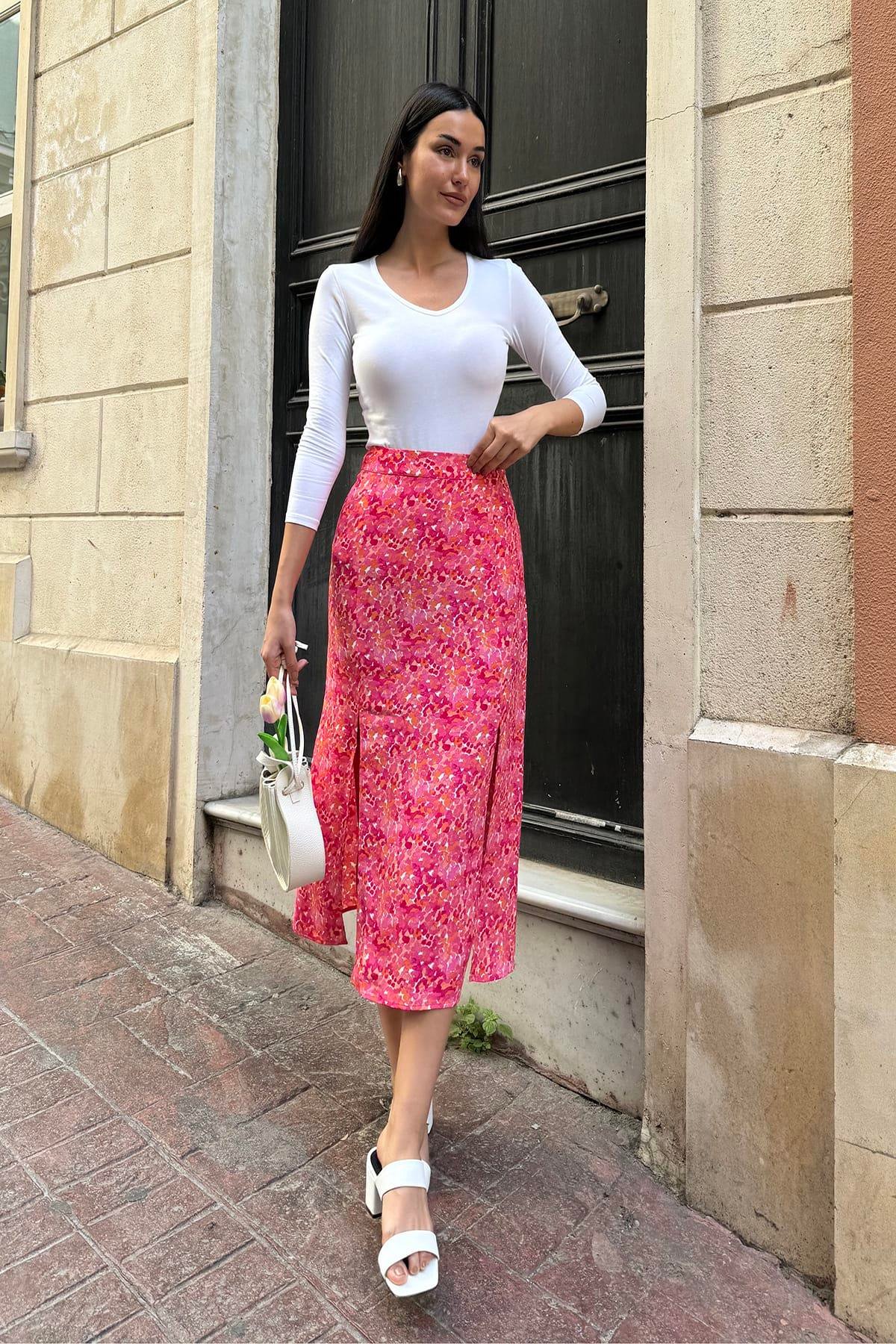 Now Moda Doğal Viskon Çift Yırtmaç Desenli Fuşya Etek Now Moda Doğal Viskon Çift Yırtmaç Desenli Fuşya Etek