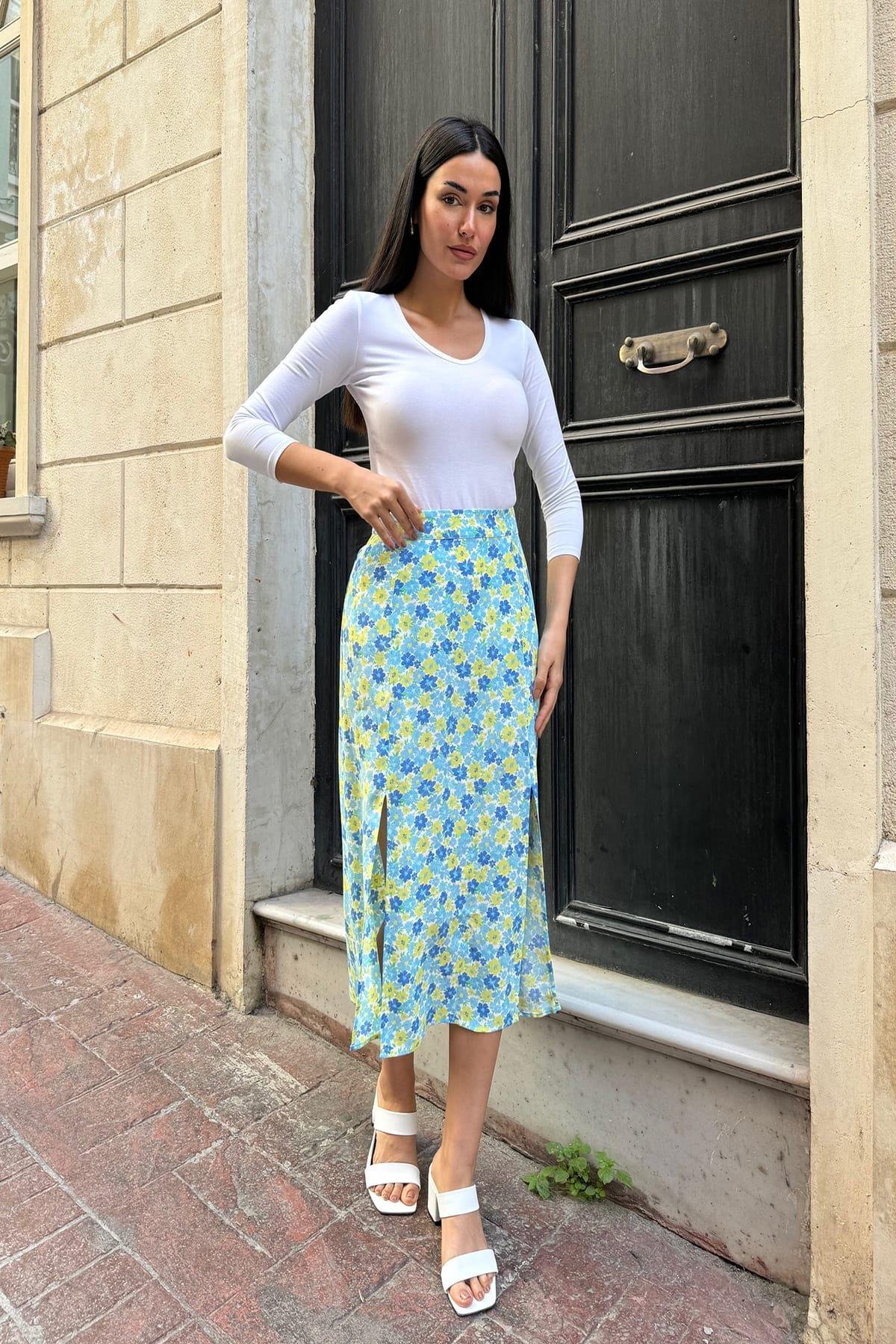 Now Moda Doğal Viskon Çift Yırtmaç Desenli Mavi Etek Now Moda Doğal Viskon Çift Yırtmaç Desenli Mavi Etek