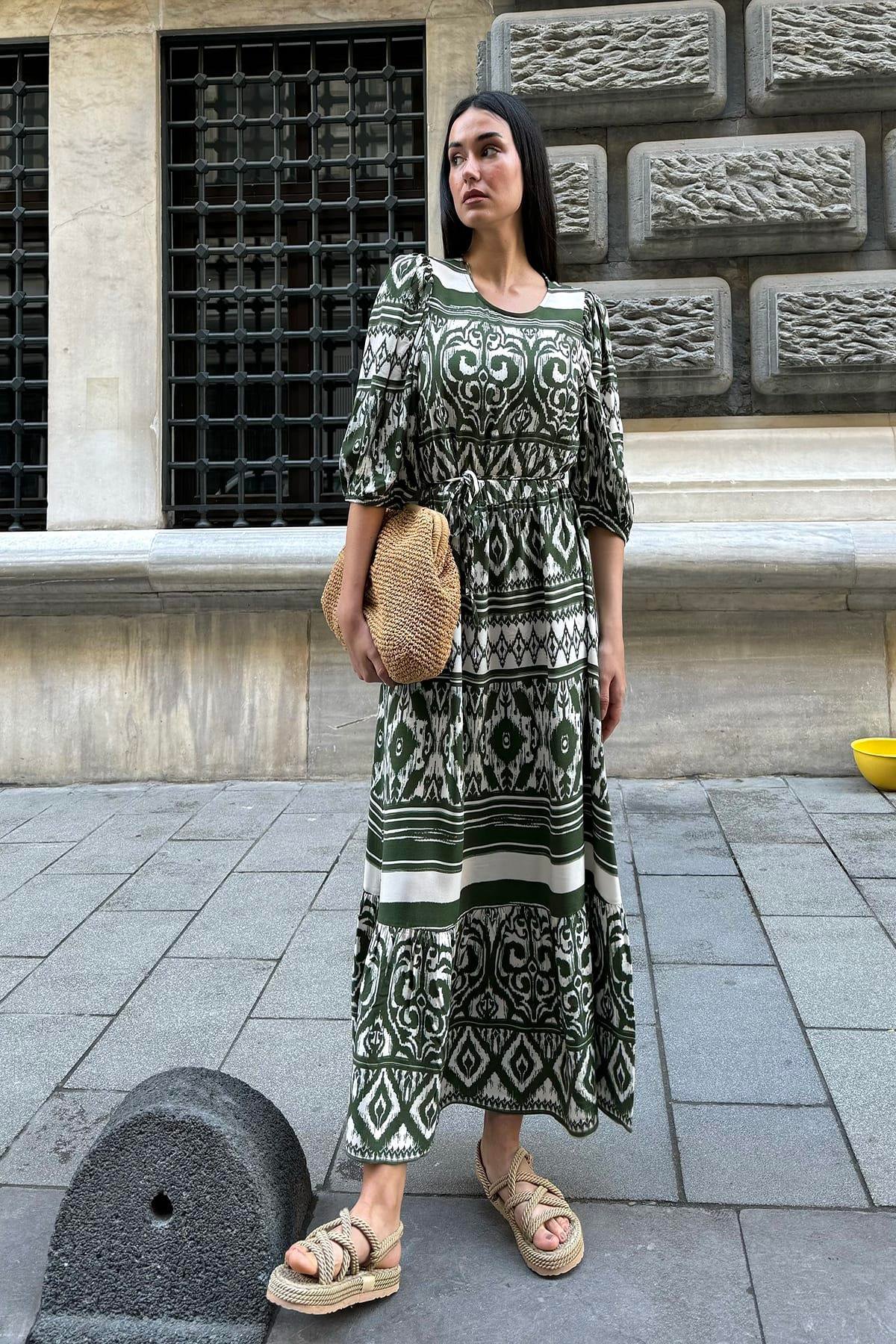 Now Moda Doğal Viskon Desenli Uzun Yeşil Elbise Now Moda Doğal Viskon Desenli Uzun Yeşil Elbise