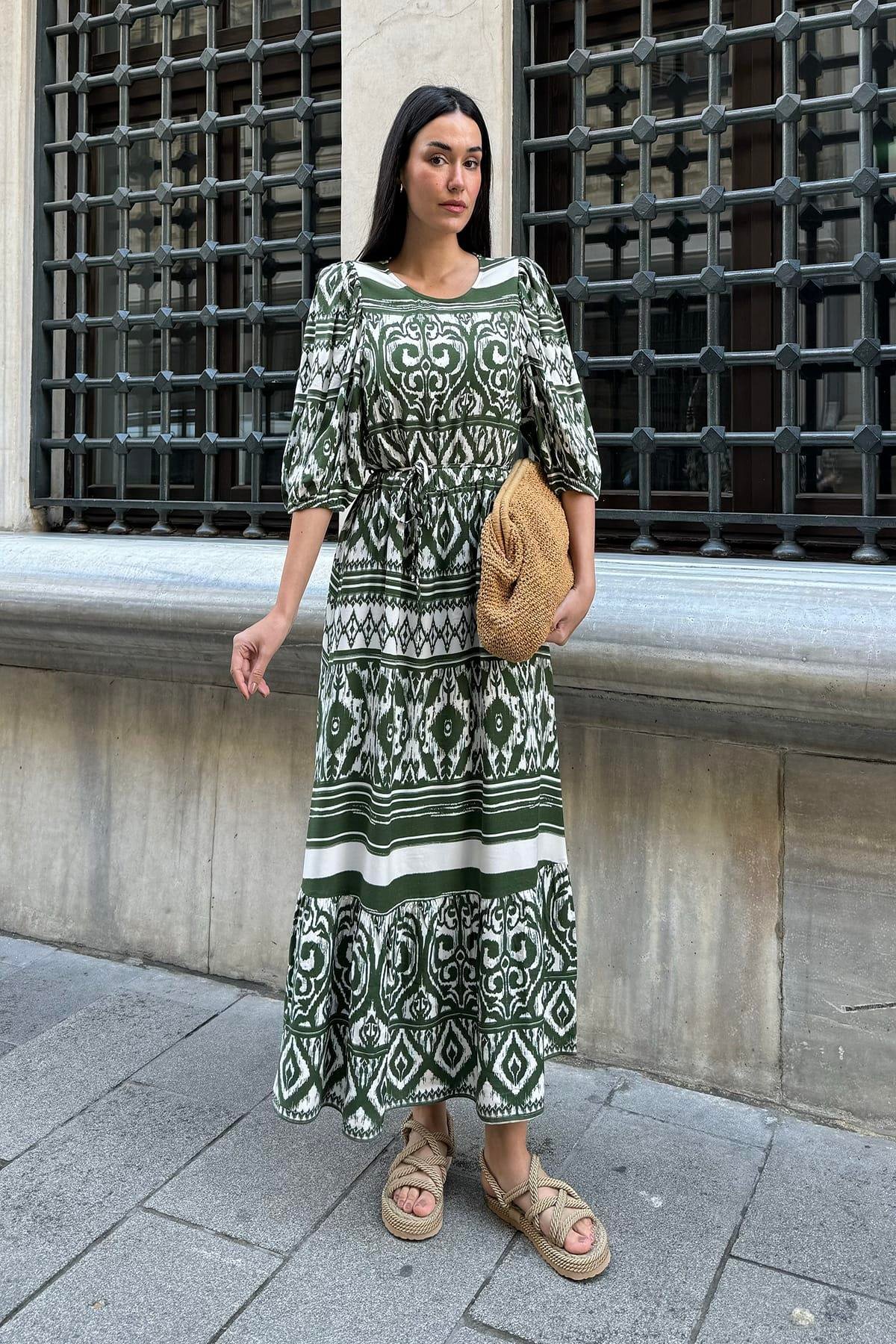 Now Moda Doğal Viskon Desenli Uzun Yeşil Elbise Now Moda Doğal Viskon Desenli Uzun Yeşil Elbise