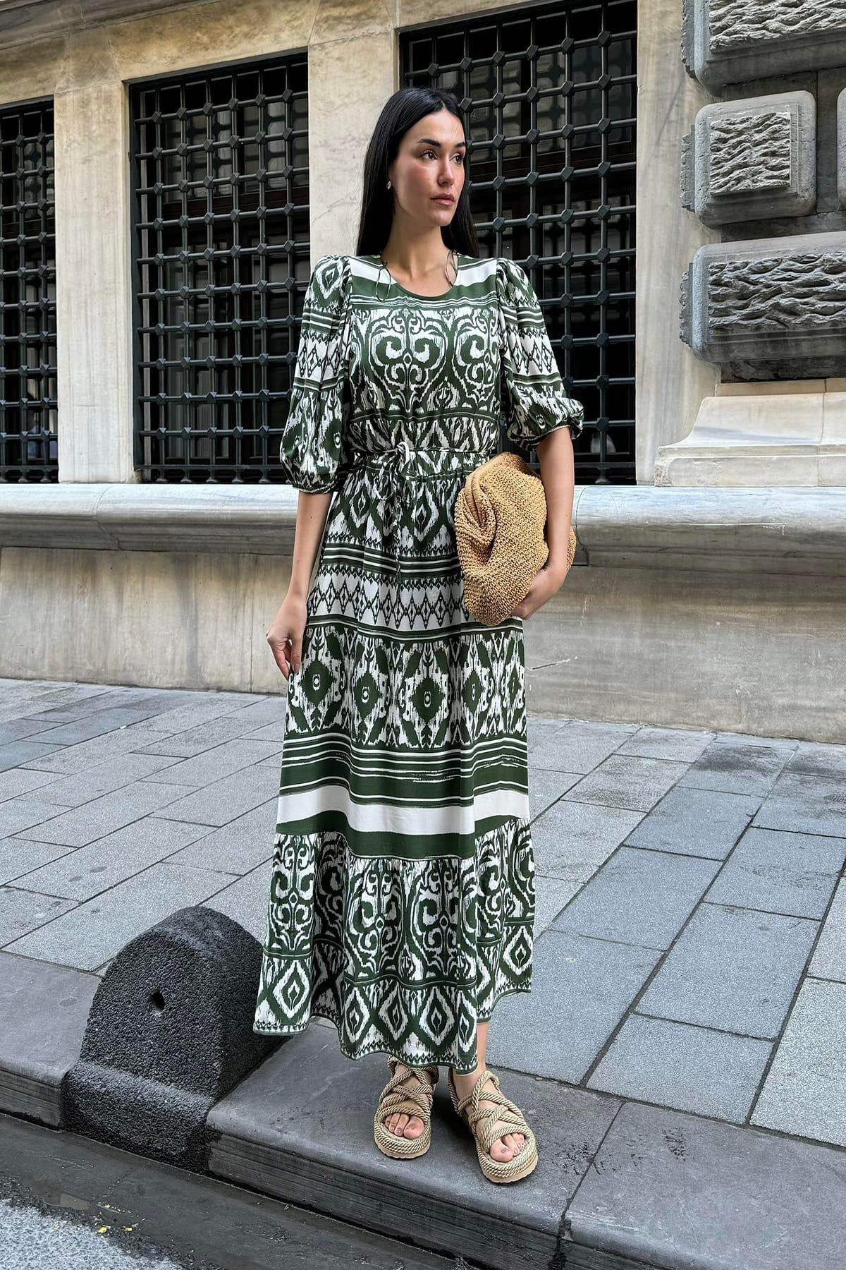 Now Moda Doğal Viskon Desenli Uzun Yeşil Elbise Now Moda Doğal Viskon Desenli Uzun Yeşil Elbise