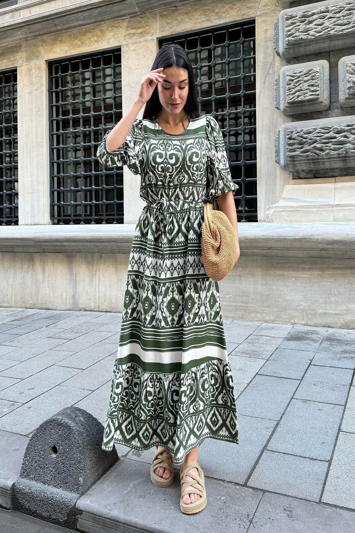 Now Moda Doğal Viskon Desenli Uzun Yeşil Elbise Now Moda Doğal Viskon Desenli Uzun Yeşil Elbise