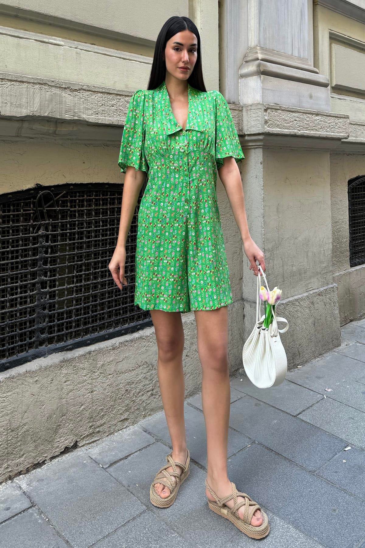 Now Moda Doğal Viskon Desenli Yeşil Tulum Now Moda Doğal Viskon Desenli Yeşil Tulum