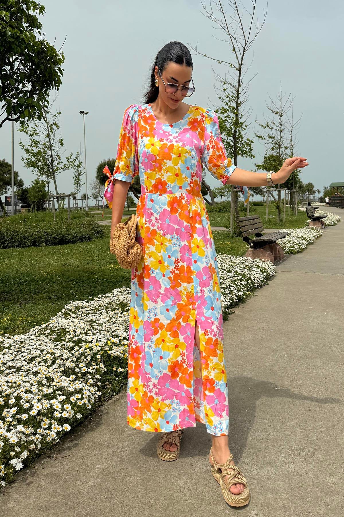 Now Moda Doğal Viskon Desenli Yırtmaçlı Uzun Turuncu Elbise Now Moda Doğal Viskon Desenli Yırtmaçlı Uzun Turuncu Elbise