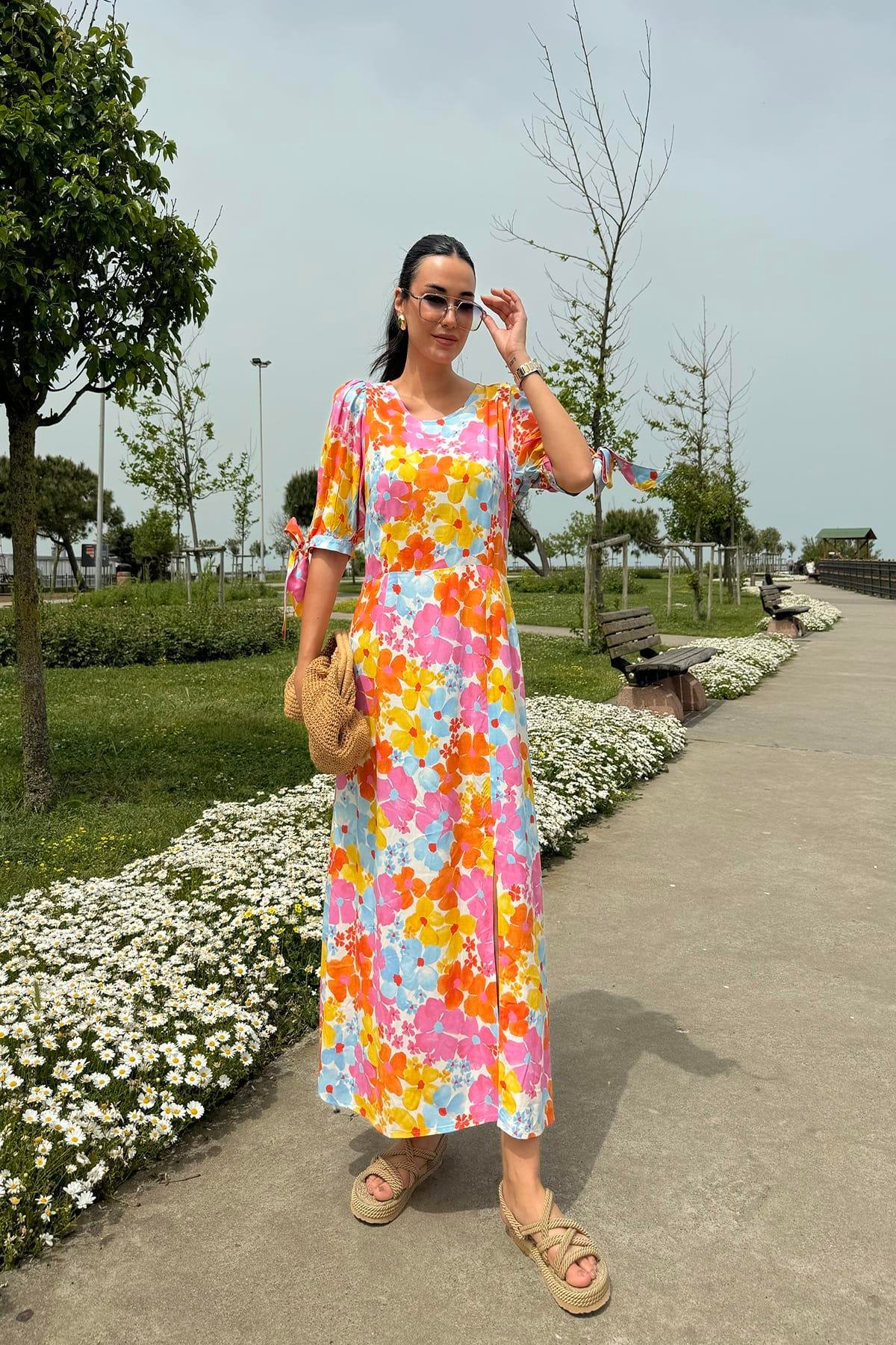 Now Moda Doğal Viskon Desenli Yırtmaçlı Uzun Turuncu Elbise Now Moda Doğal Viskon Desenli Yırtmaçlı Uzun Turuncu Elbise