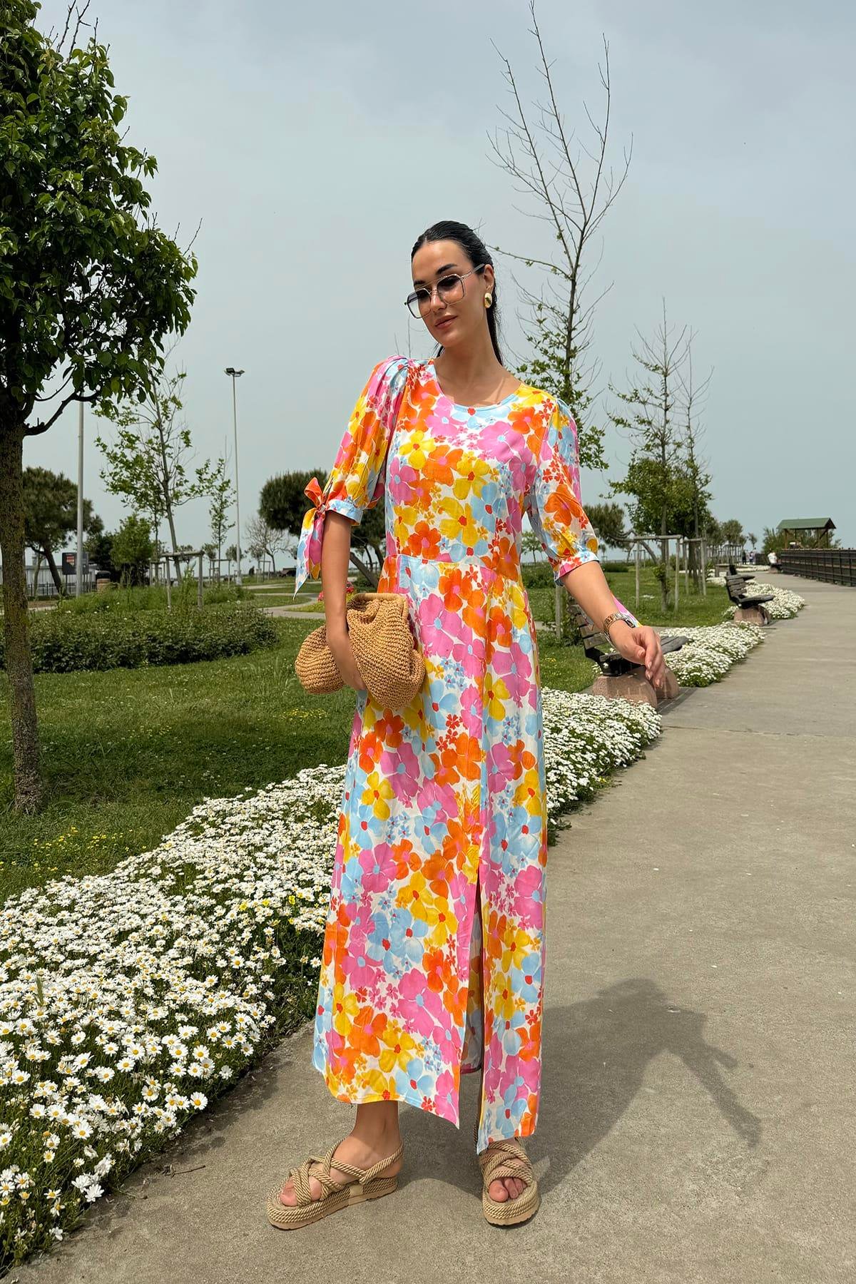 Now Moda Doğal Viskon Desenli Yırtmaçlı Uzun Turuncu Elbise Now Moda Doğal Viskon Desenli Yırtmaçlı Uzun Turuncu Elbise