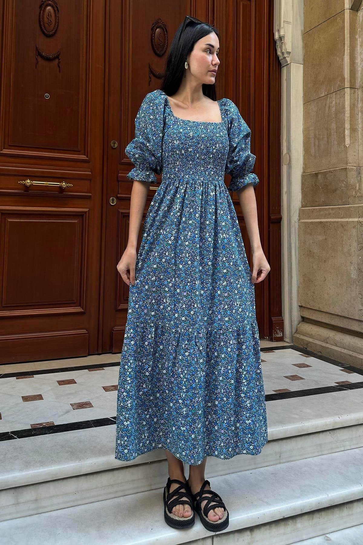 Now Moda Doğal Viskon Gipeli Desenli Uzun Lacivert Elbise Now Moda Doğal Viskon Gipeli Desenli Uzun Lacivert Elbise