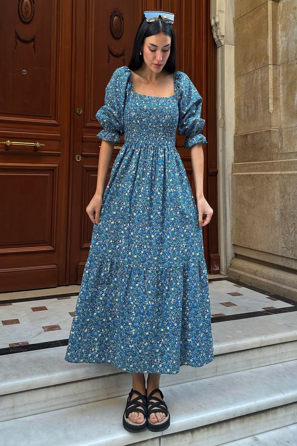 Now Moda Doğal Viskon Gipeli Desenli Uzun Lacivert Elbise Now Moda Doğal Viskon Gipeli Desenli Uzun Lacivert Elbise