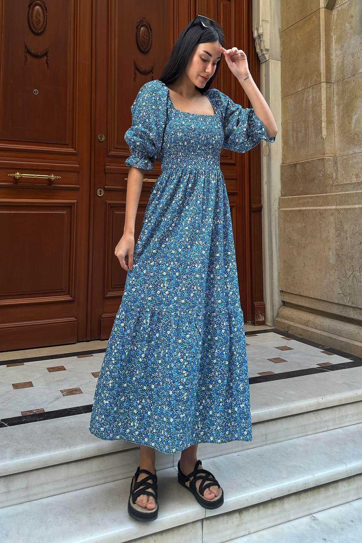 Now Moda Doğal Viskon Gipeli Desenli Uzun Lacivert Elbise Now Moda Doğal Viskon Gipeli Desenli Uzun Lacivert Elbise