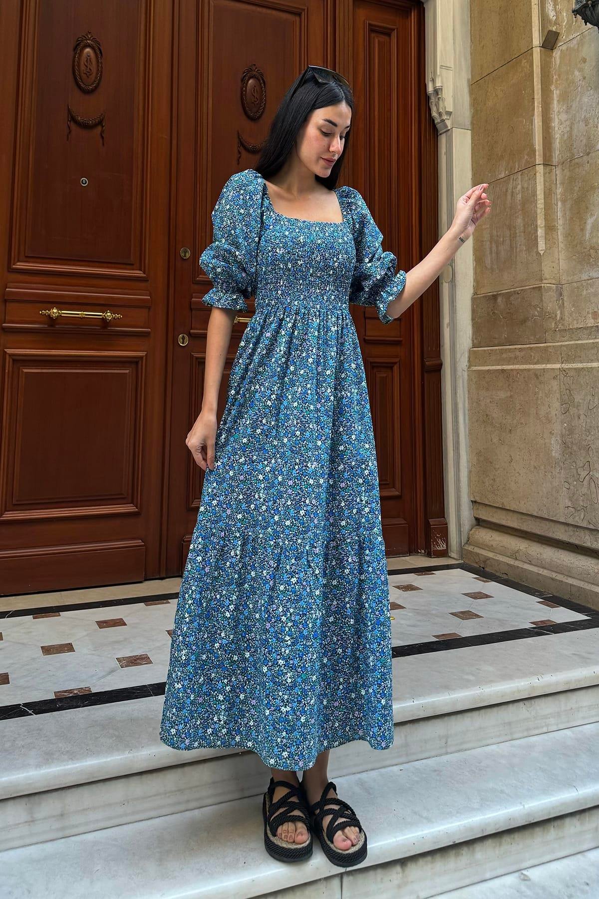 Now Moda Doğal Viskon Gipeli Desenli Uzun Lacivert Elbise Now Moda Doğal Viskon Gipeli Desenli Uzun Lacivert Elbise