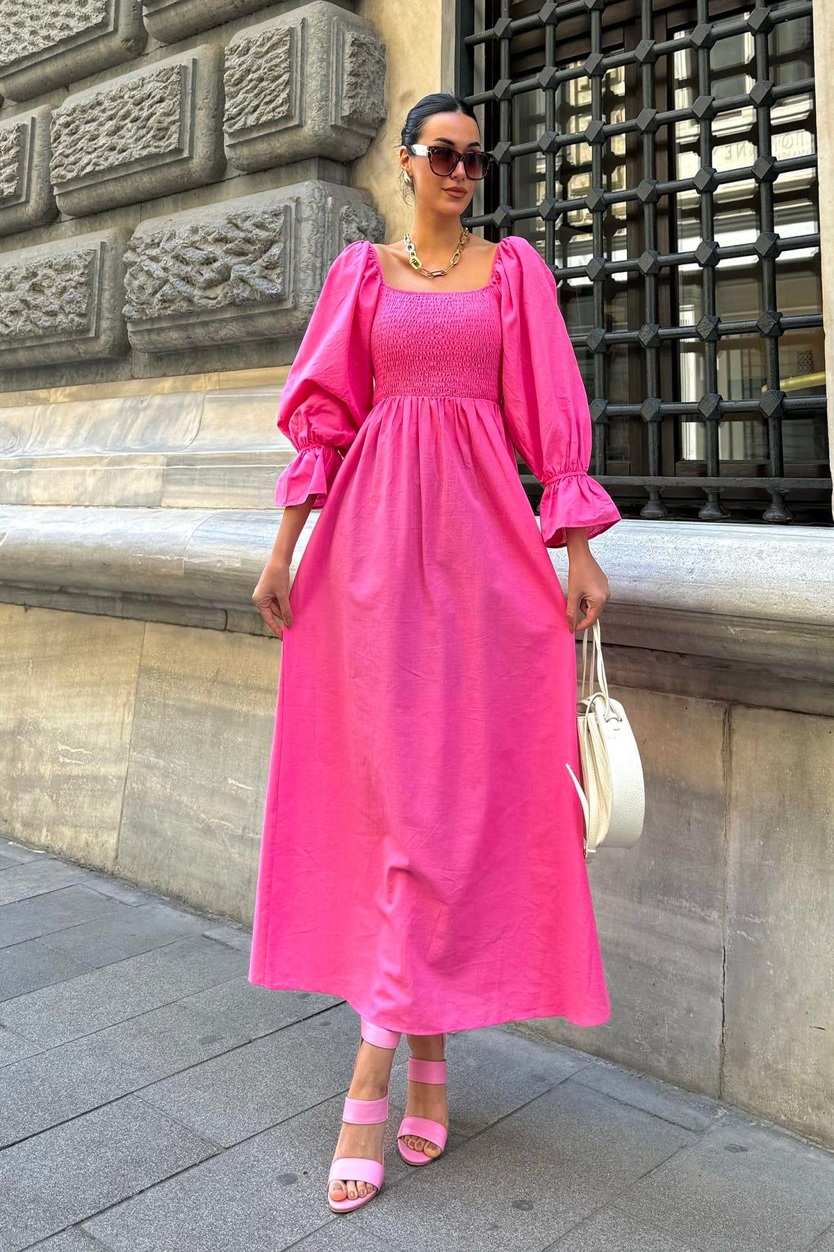 Now Moda Doğal Viskon Gipeli Uzun Fuşya Elbise Now Moda Doğal Viskon Gipeli Uzun Fuşya Elbise