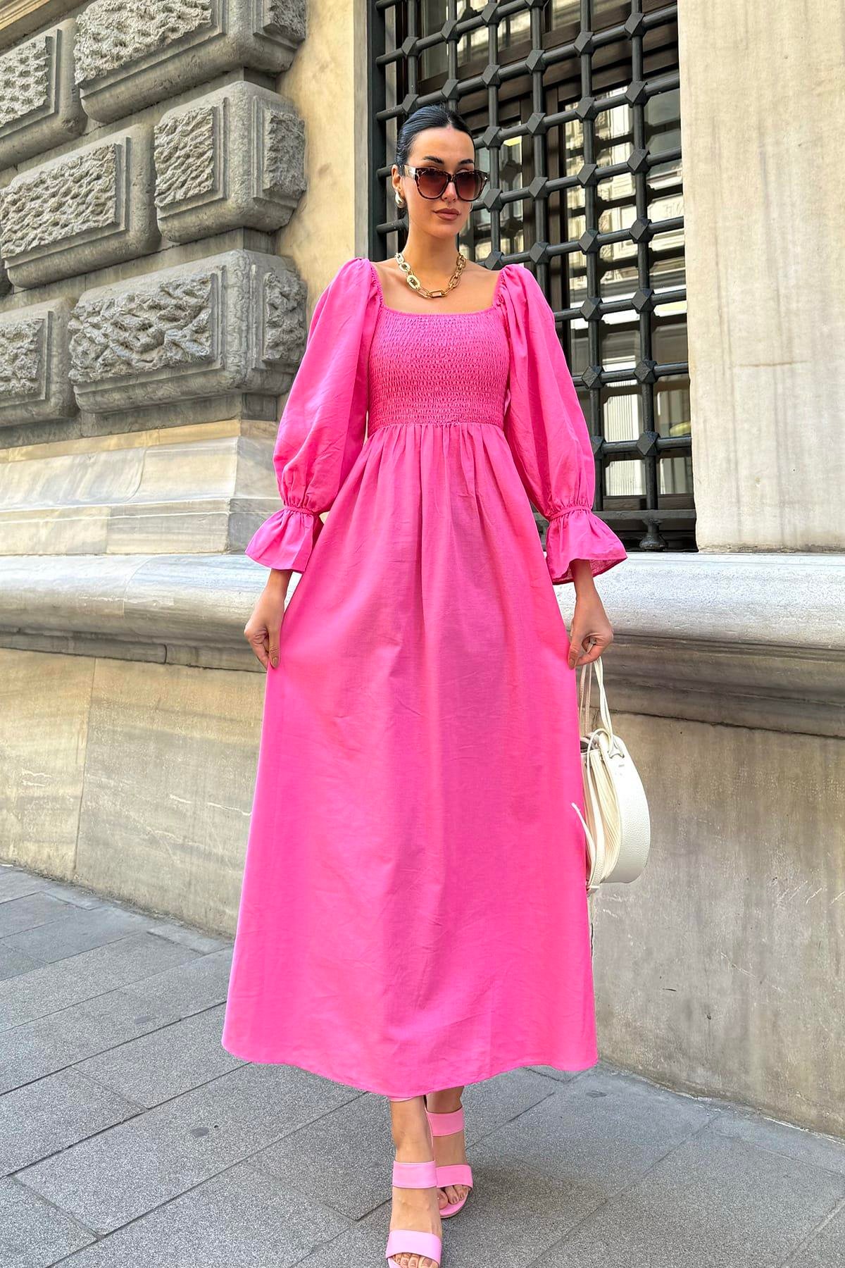 Now Moda Doğal Viskon Gipeli Uzun Fuşya Elbise Now Moda Doğal Viskon Gipeli Uzun Fuşya Elbise