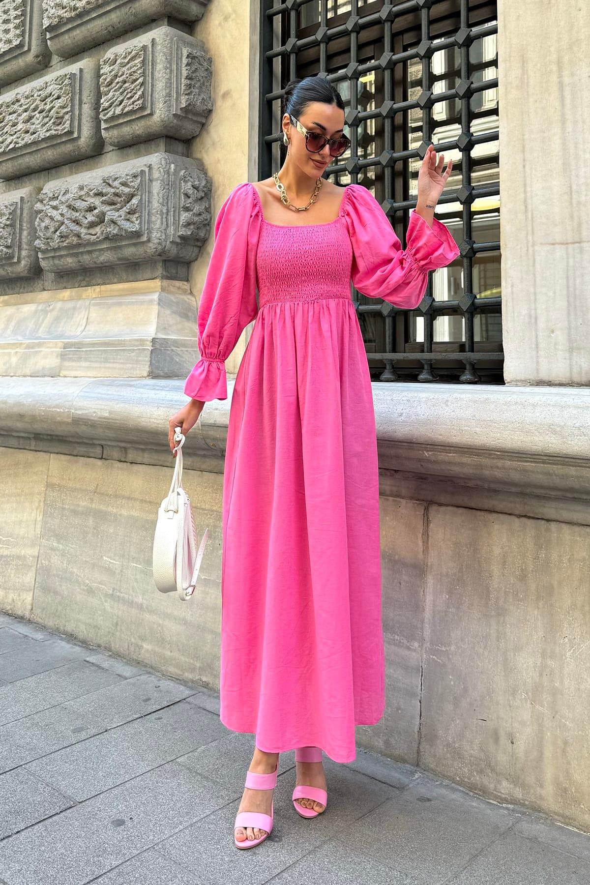 Now Moda Doğal Viskon Gipeli Uzun Fuşya Elbise Now Moda Doğal Viskon Gipeli Uzun Fuşya Elbise