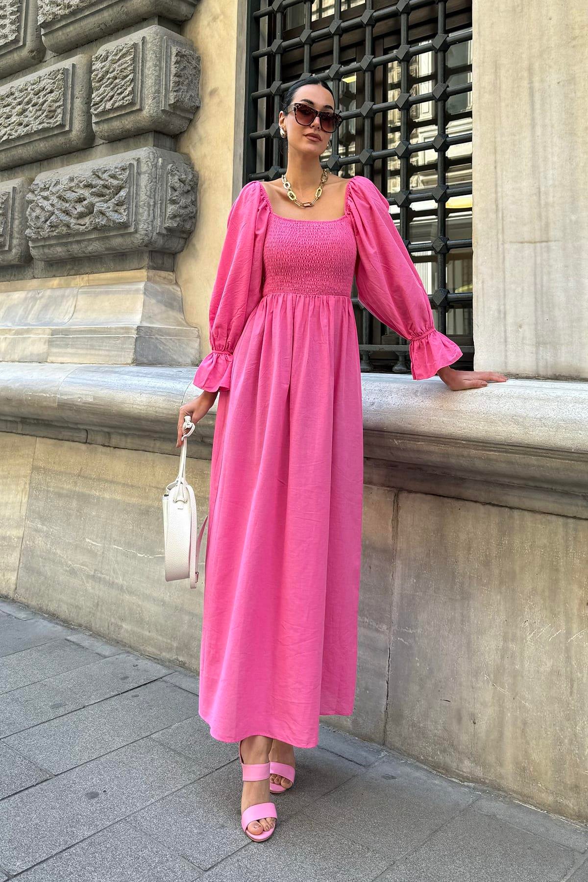 Now Moda Doğal Viskon Gipeli Uzun Fuşya Elbise Now Moda Doğal Viskon Gipeli Uzun Fuşya Elbise