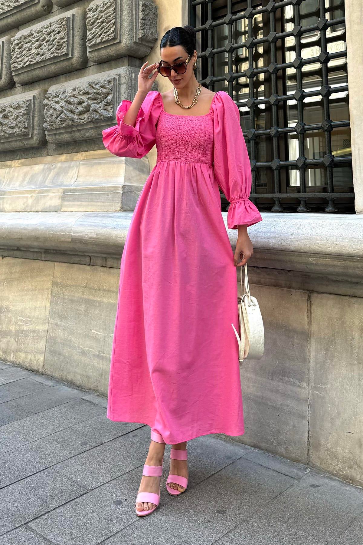 Now Moda Doğal Viskon Gipeli Uzun Fuşya Elbise Now Moda Doğal Viskon Gipeli Uzun Fuşya Elbise