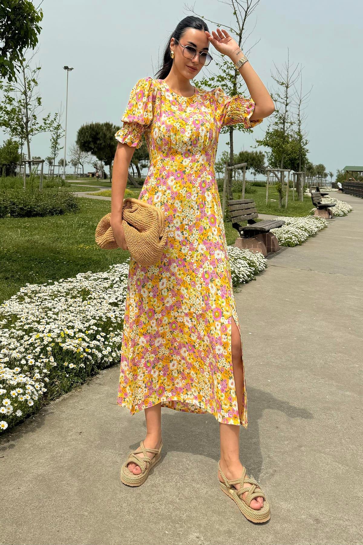 Now Moda Doğal Viskon Kol Gipeli Yırtmaçlı Desenli Uzun Sarı Elbise Now Moda Doğal Viskon Kol Gipeli Yırtmaçlı Desenli Uzun Sarı Elbise