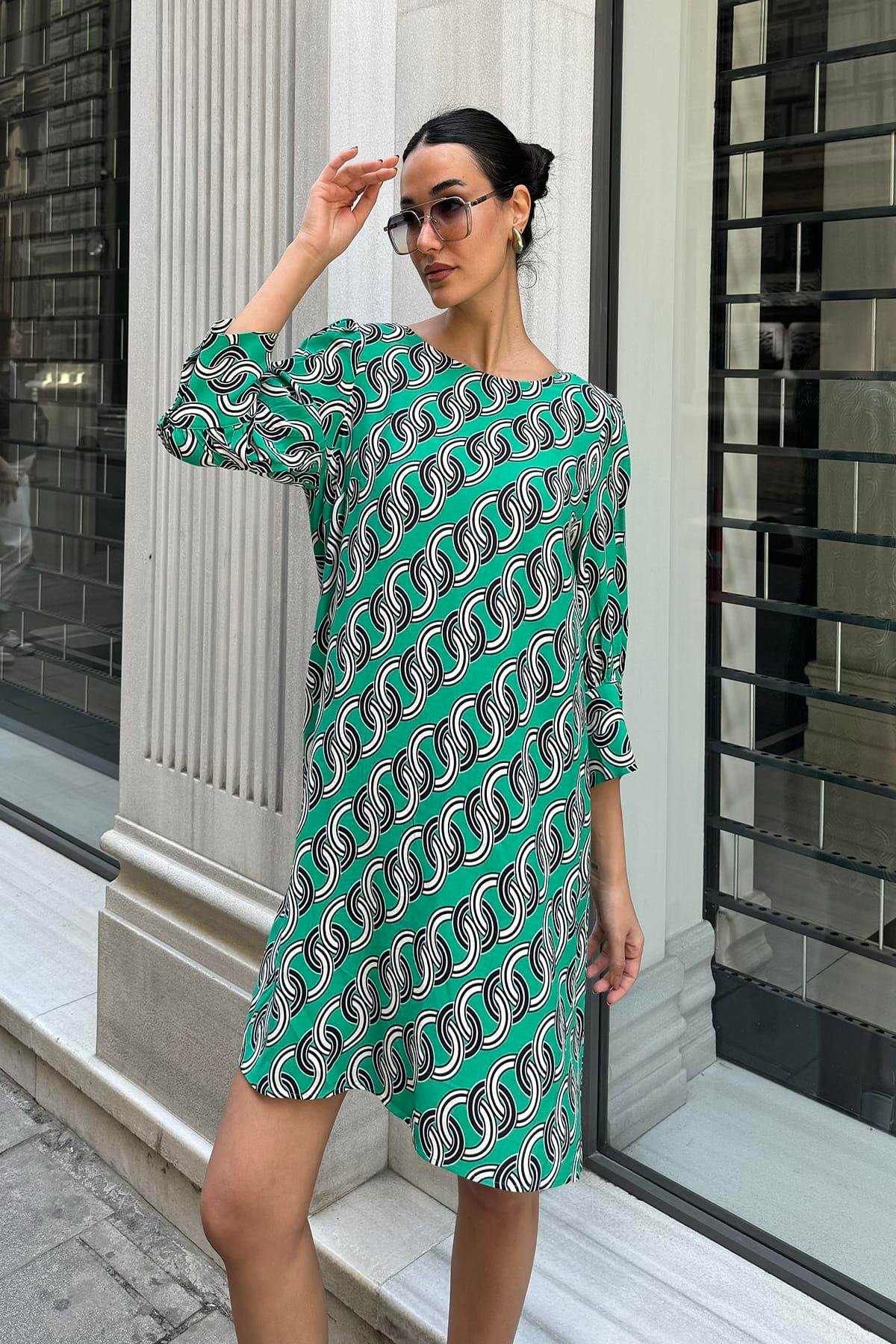 Now Moda Doğal Viskon Zincir Desenli Yeşil Elbise Now Moda Doğal Viskon Zincir Desenli Yeşil Elbise