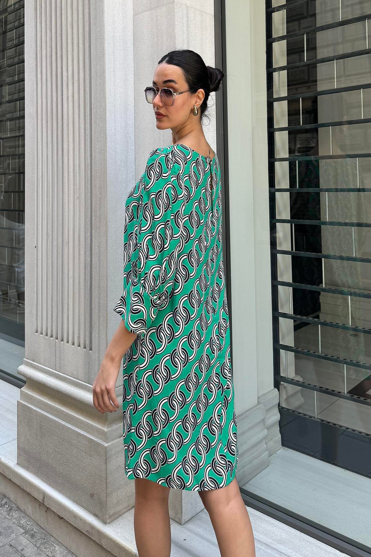 Now Moda Doğal Viskon Zincir Desenli Yeşil Elbise Now Moda Doğal Viskon Zincir Desenli Yeşil Elbise