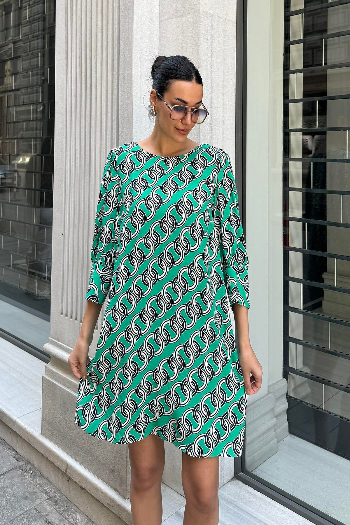 Now Moda Doğal Viskon Zincir Desenli Yeşil Elbise Now Moda Doğal Viskon Zincir Desenli Yeşil Elbise