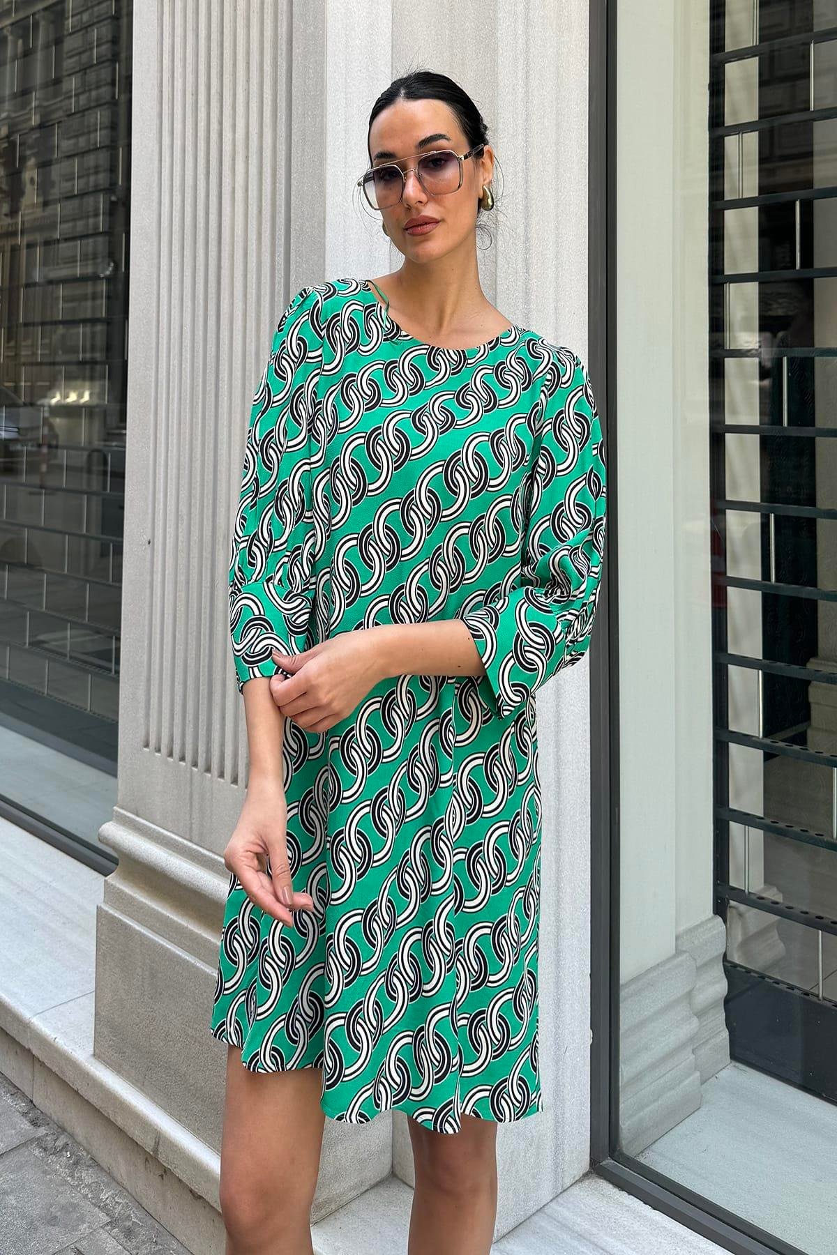 Now Moda Doğal Viskon Zincir Desenli Yeşil Elbise Now Moda Doğal Viskon Zincir Desenli Yeşil Elbise