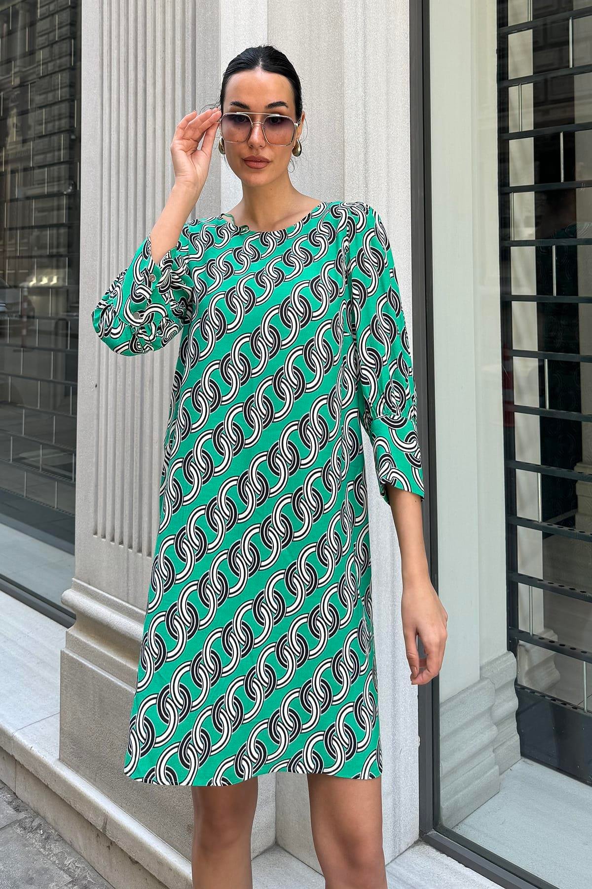 Now Moda Doğal Viskon Zincir Desenli Yeşil Elbise Now Moda Doğal Viskon Zincir Desenli Yeşil Elbise