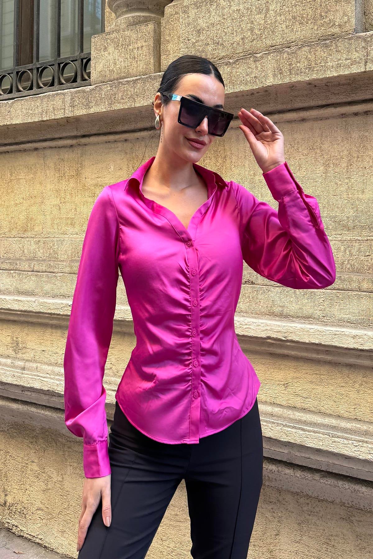 Now Moda Önü Büzgülü Saten Fuşya Gömlek Now Moda Önü Büzgülü Saten Fuşya Gömlek