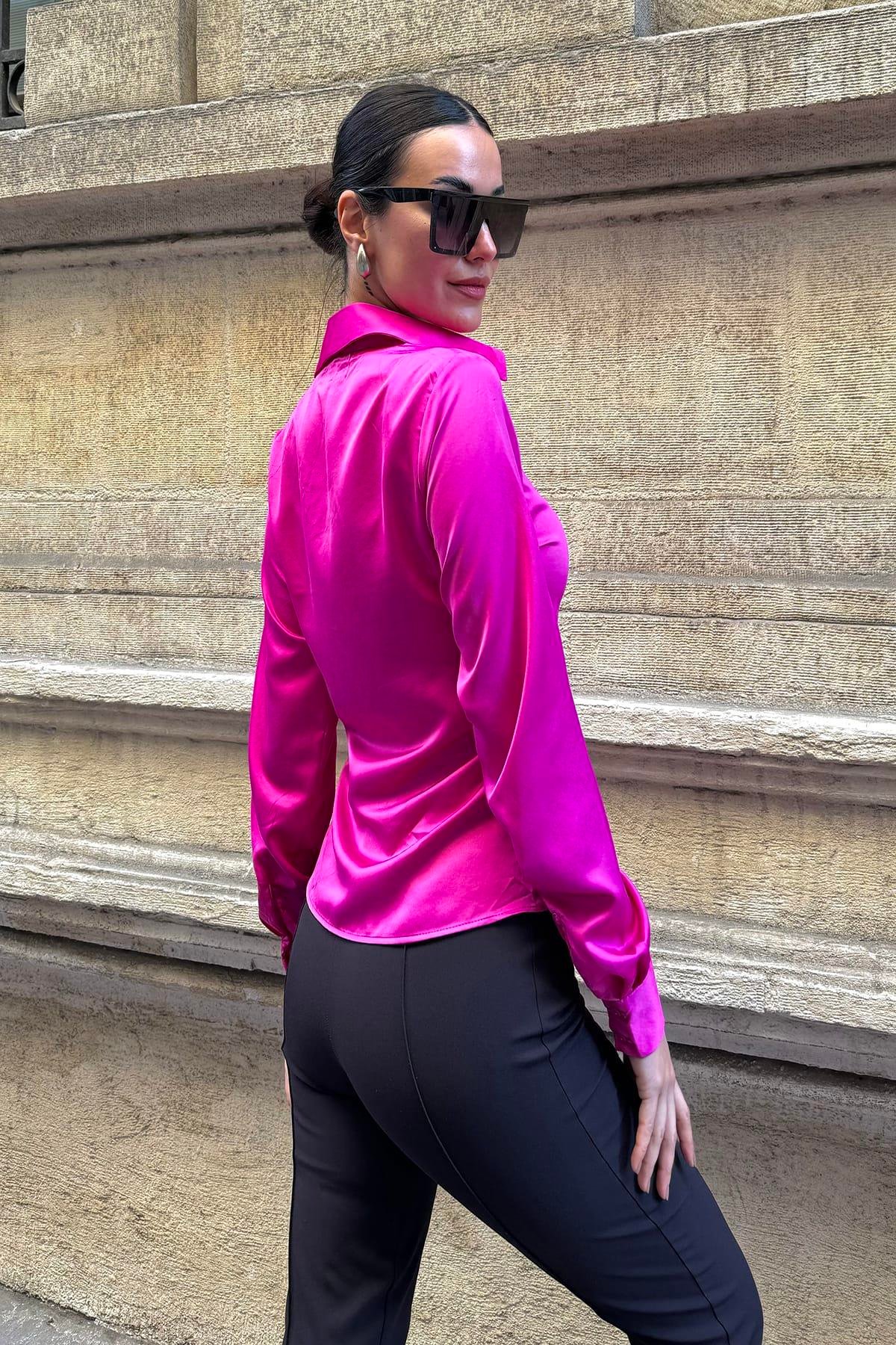 Now Moda Önü Büzgülü Saten Fuşya Gömlek Now Moda Önü Büzgülü Saten Fuşya Gömlek