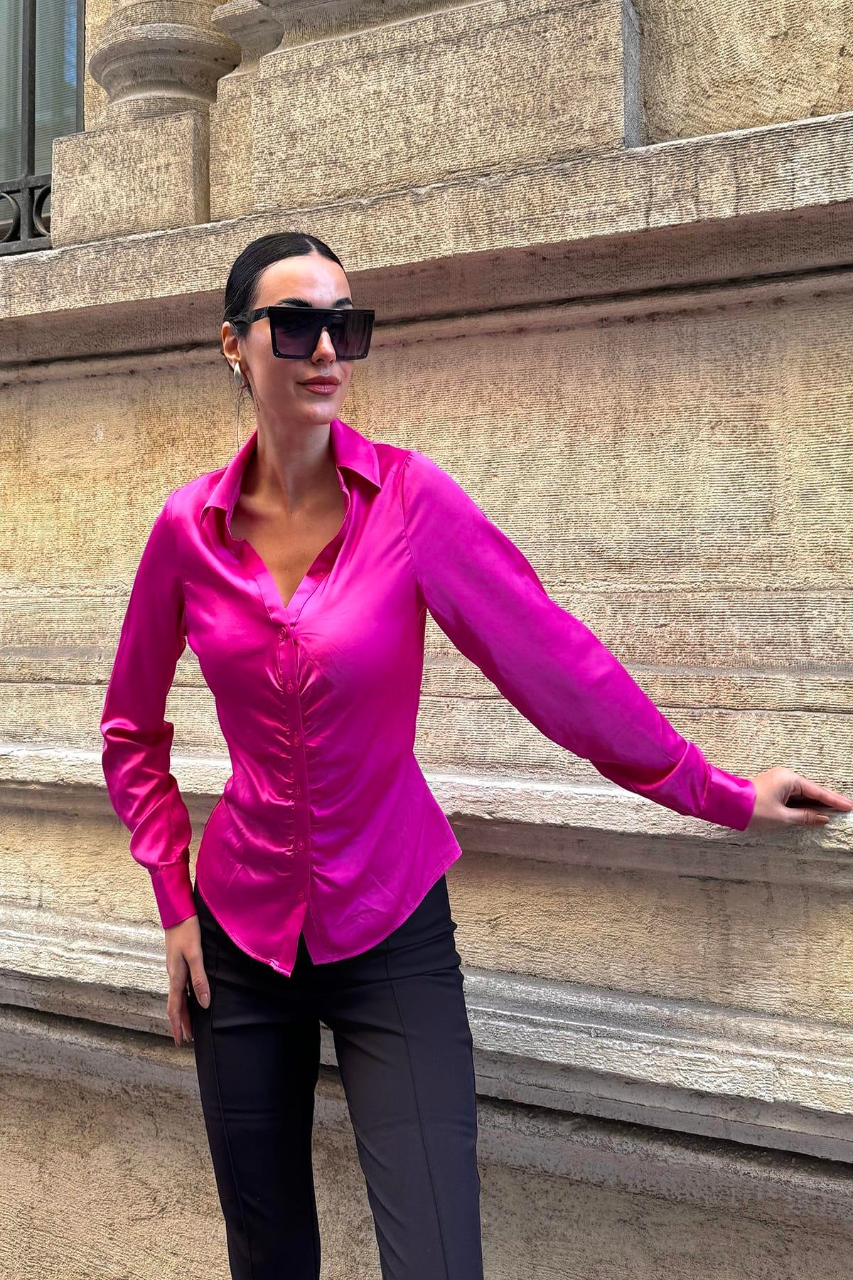 Now Moda Önü Büzgülü Saten Fuşya Gömlek Now Moda Önü Büzgülü Saten Fuşya Gömlek