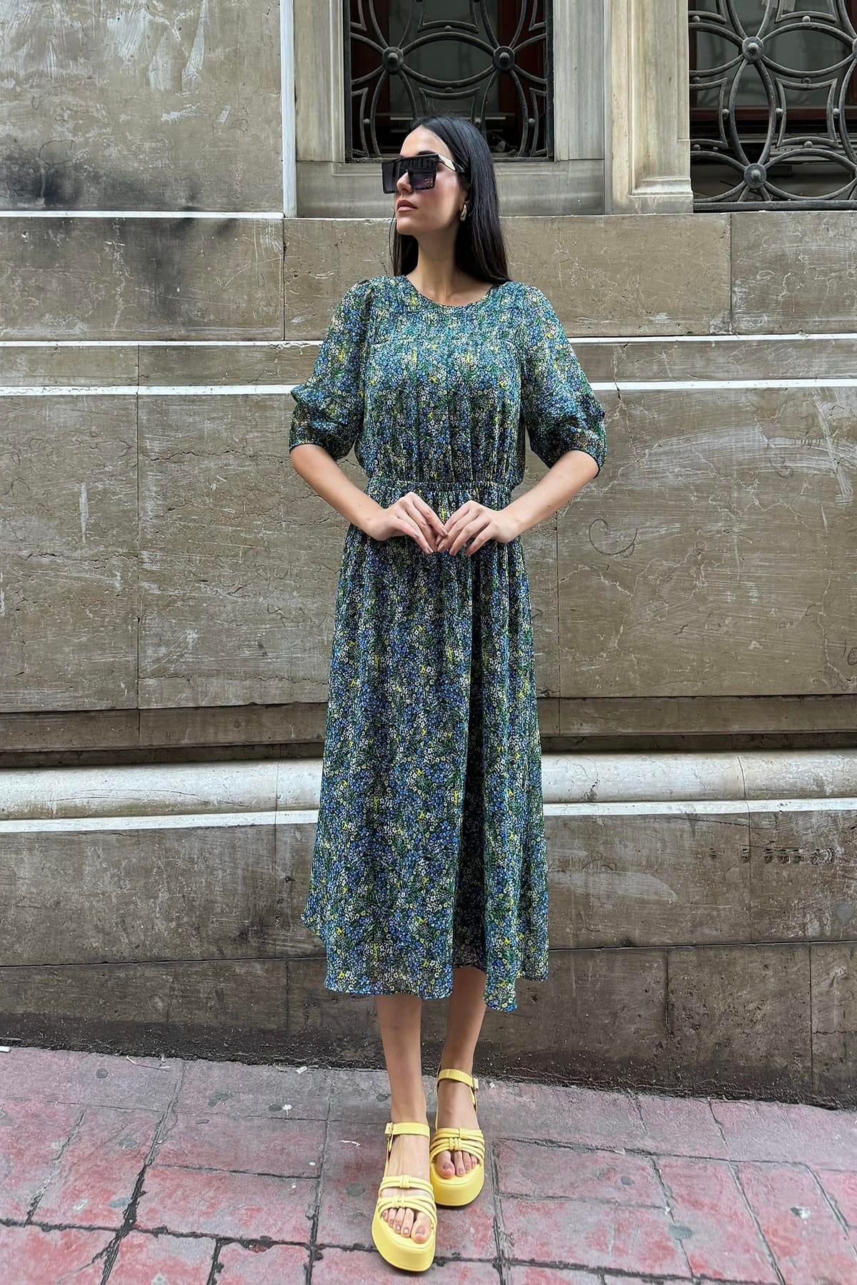 Now Moda Şifon Astarlı Bel Büzgülü Desenli Uzun Yeşil Elbise Now Moda Şifon Astarlı Bel Büzgülü Desenli Uzun Yeşil Elbise