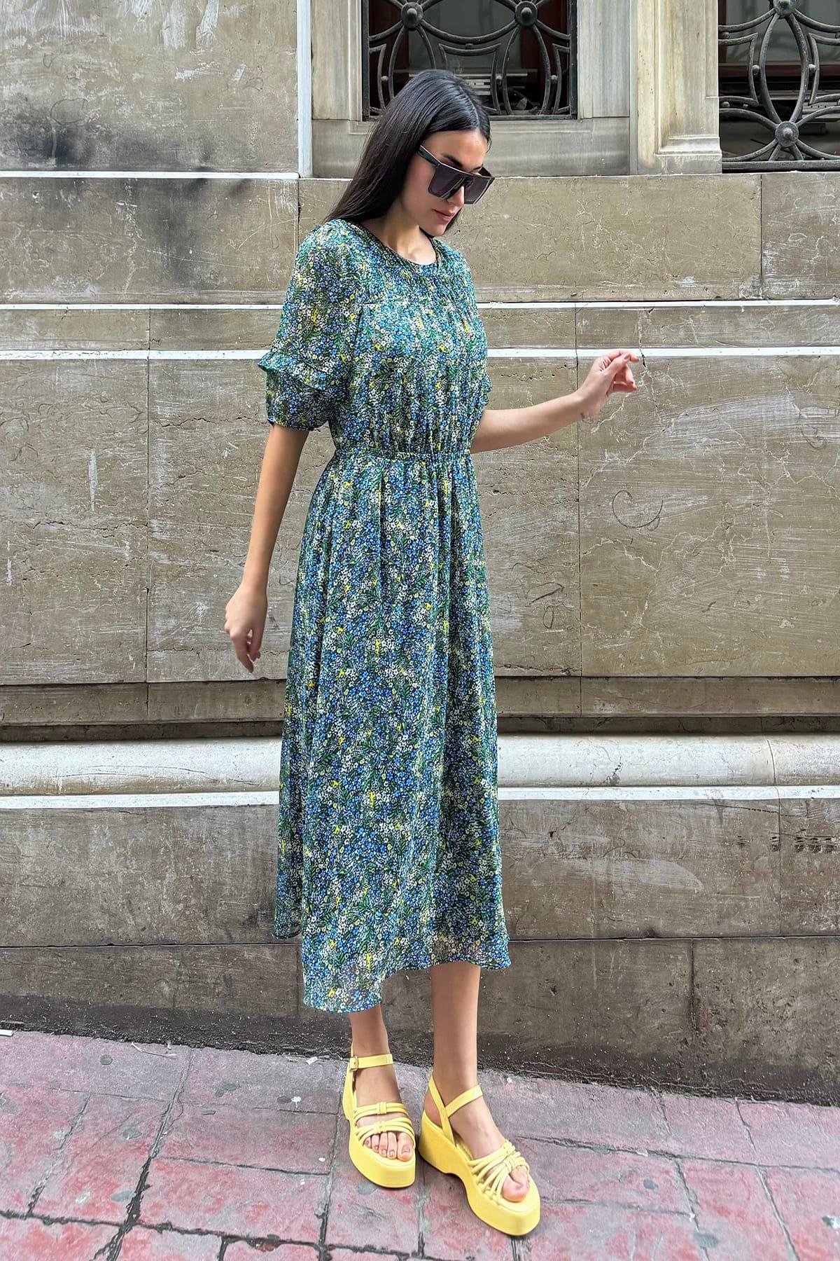 Now Moda Şifon Astarlı Bel Büzgülü Desenli Uzun Yeşil Elbise Now Moda Şifon Astarlı Bel Büzgülü Desenli Uzun Yeşil Elbise