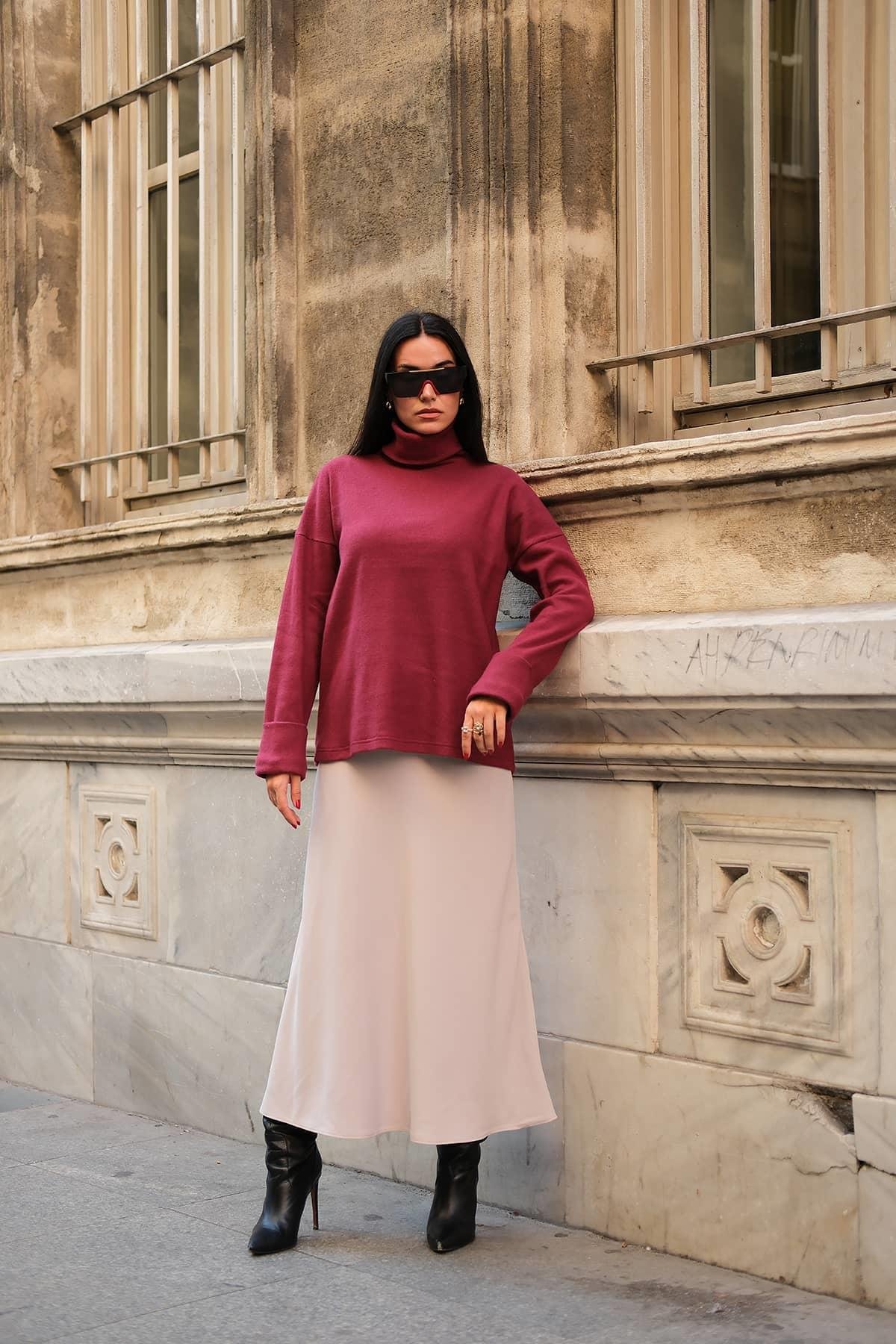 Y London Kol Detaylı Balıkcı Yaka Boğazlı Bordo Bluz Y London Kol Detaylı Balıkcı Yaka Boğazlı Bordo Bluz