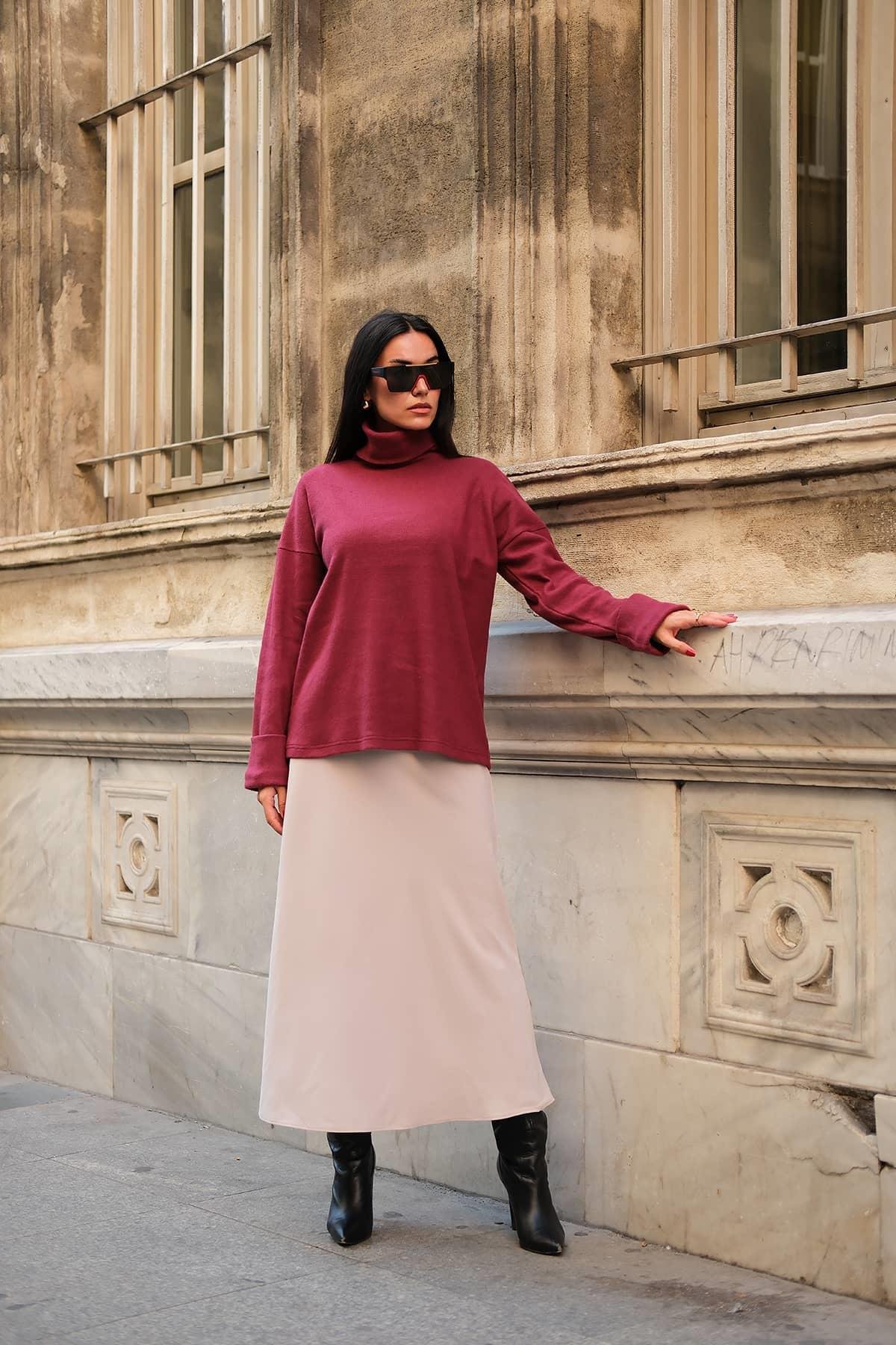 Y London Kol Detaylı Balıkcı Yaka Boğazlı Bordo Bluz Y London Kol Detaylı Balıkcı Yaka Boğazlı Bordo Bluz