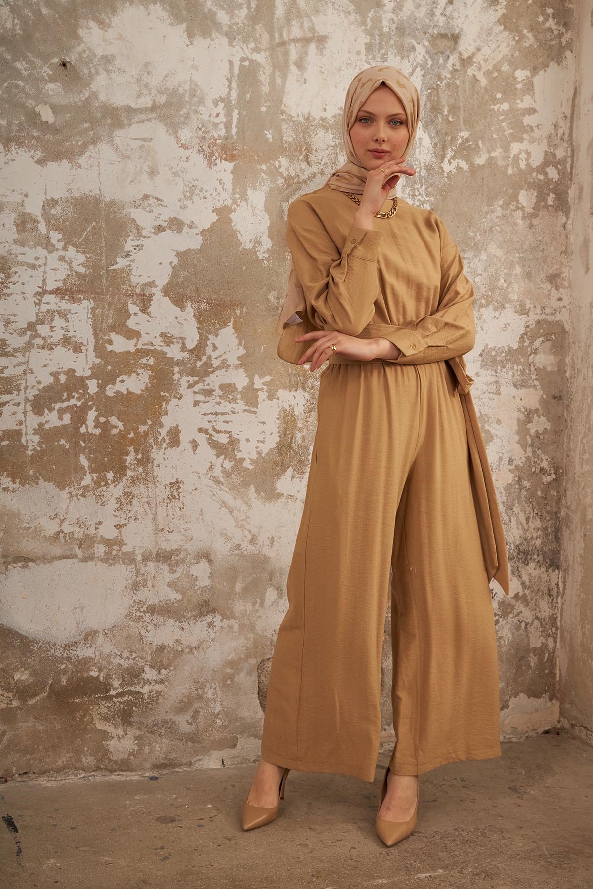 DESENLİ NATUREL KREP ŞAL - KREM