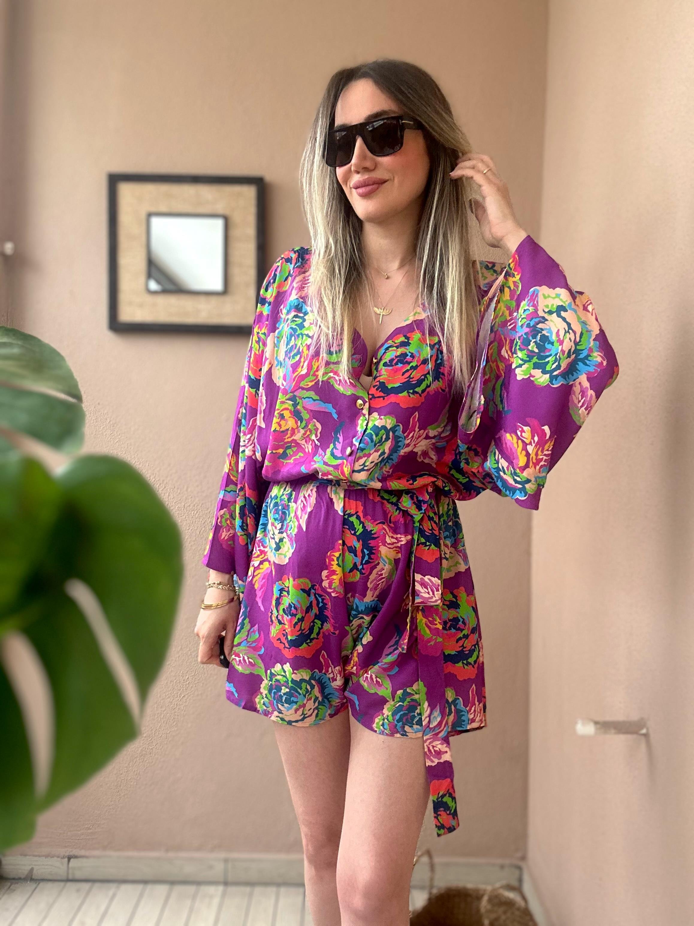 Fuşya çiçekli şort tulum 