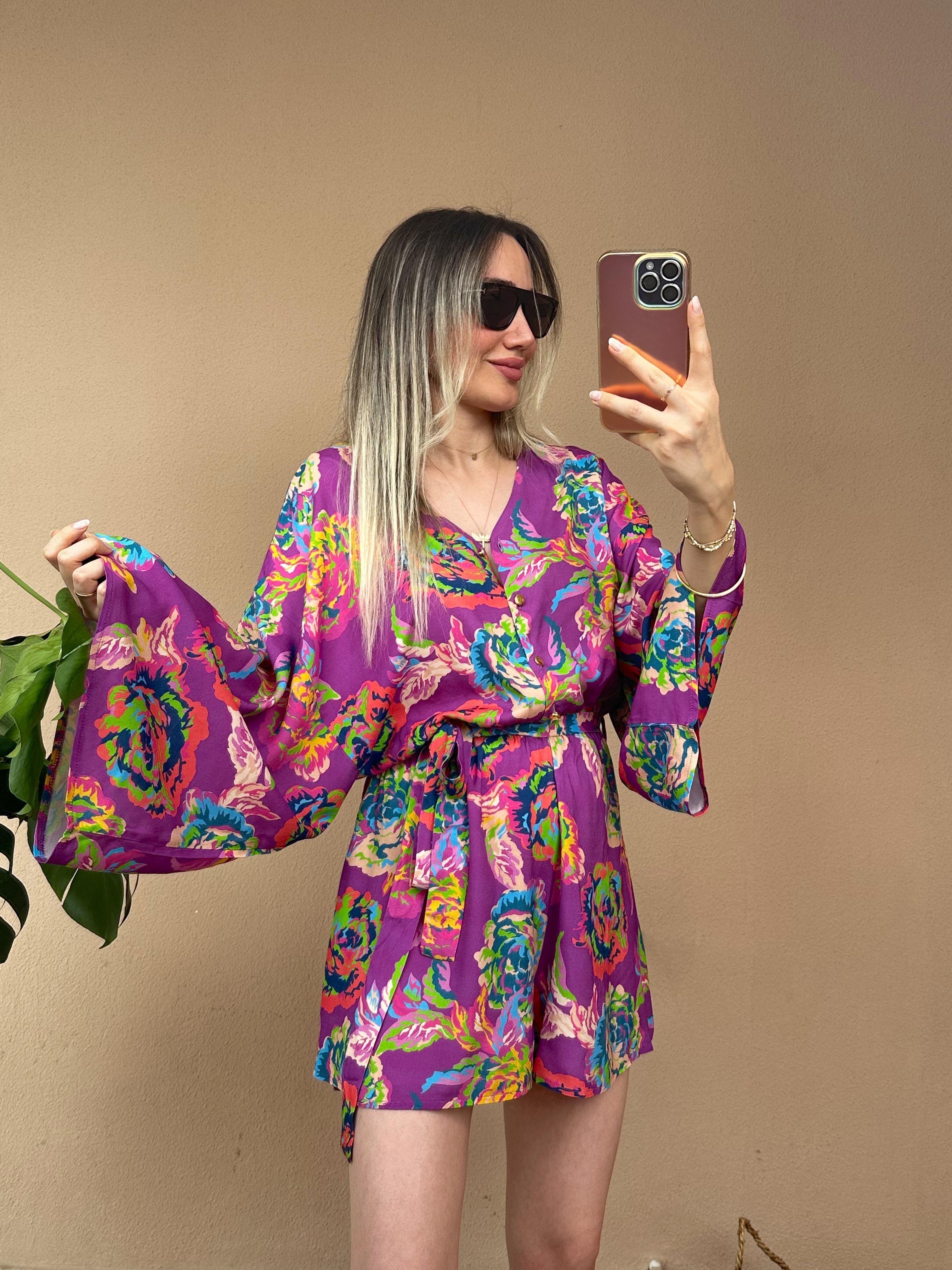 Fuşya çiçekli şort tulum 