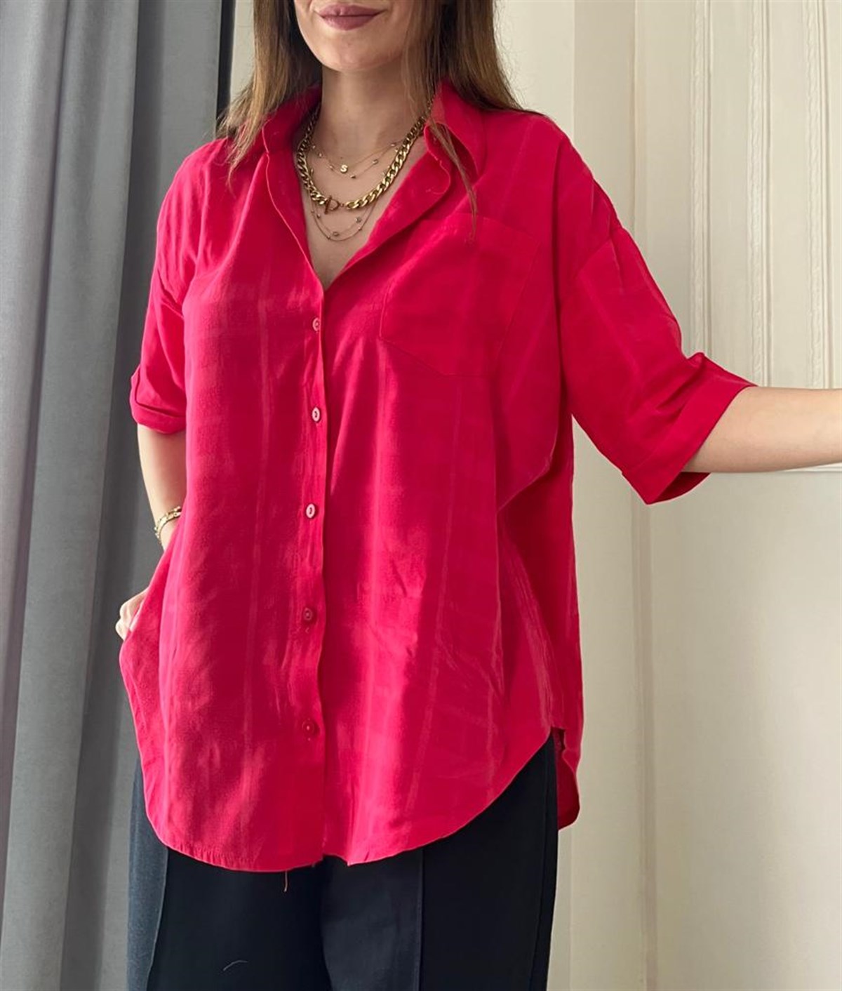 Fuşya Keten Gömlek