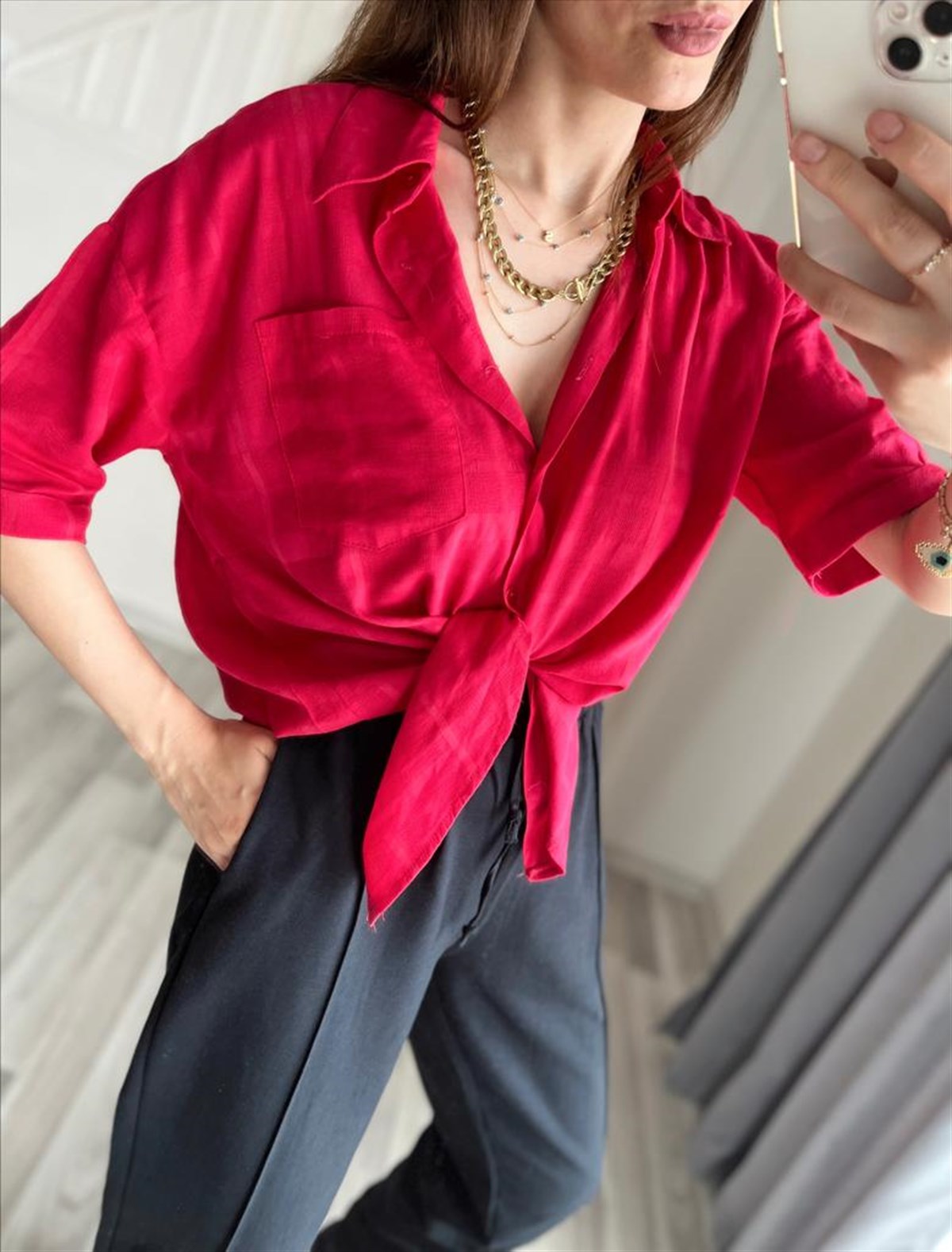 Fuşya Keten Gömlek