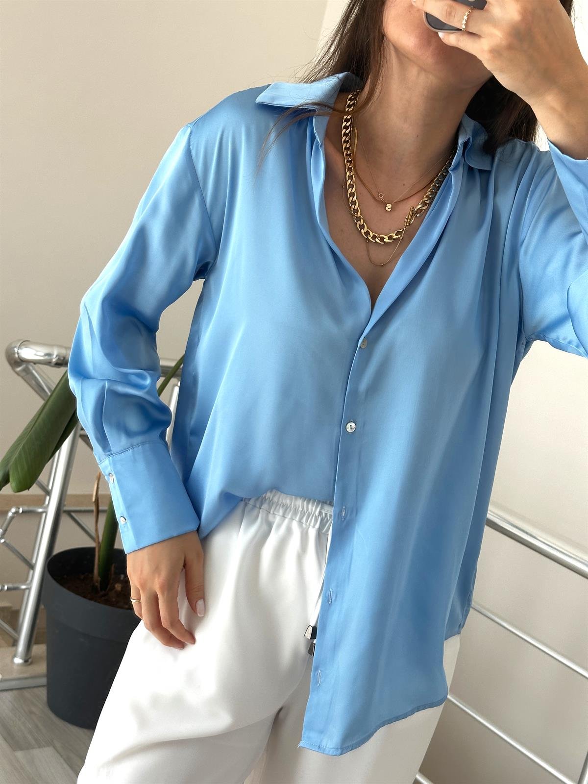 Mavi Basic Saten Gömlek 