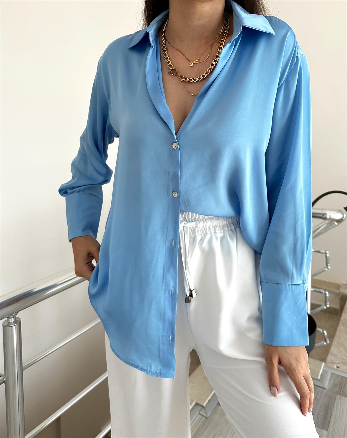 Mavi Basic Saten Gömlek 
