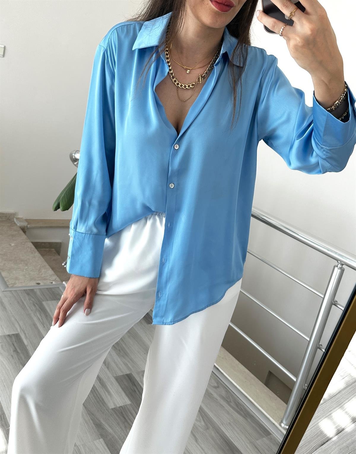 Mavi Basic Saten Gömlek 